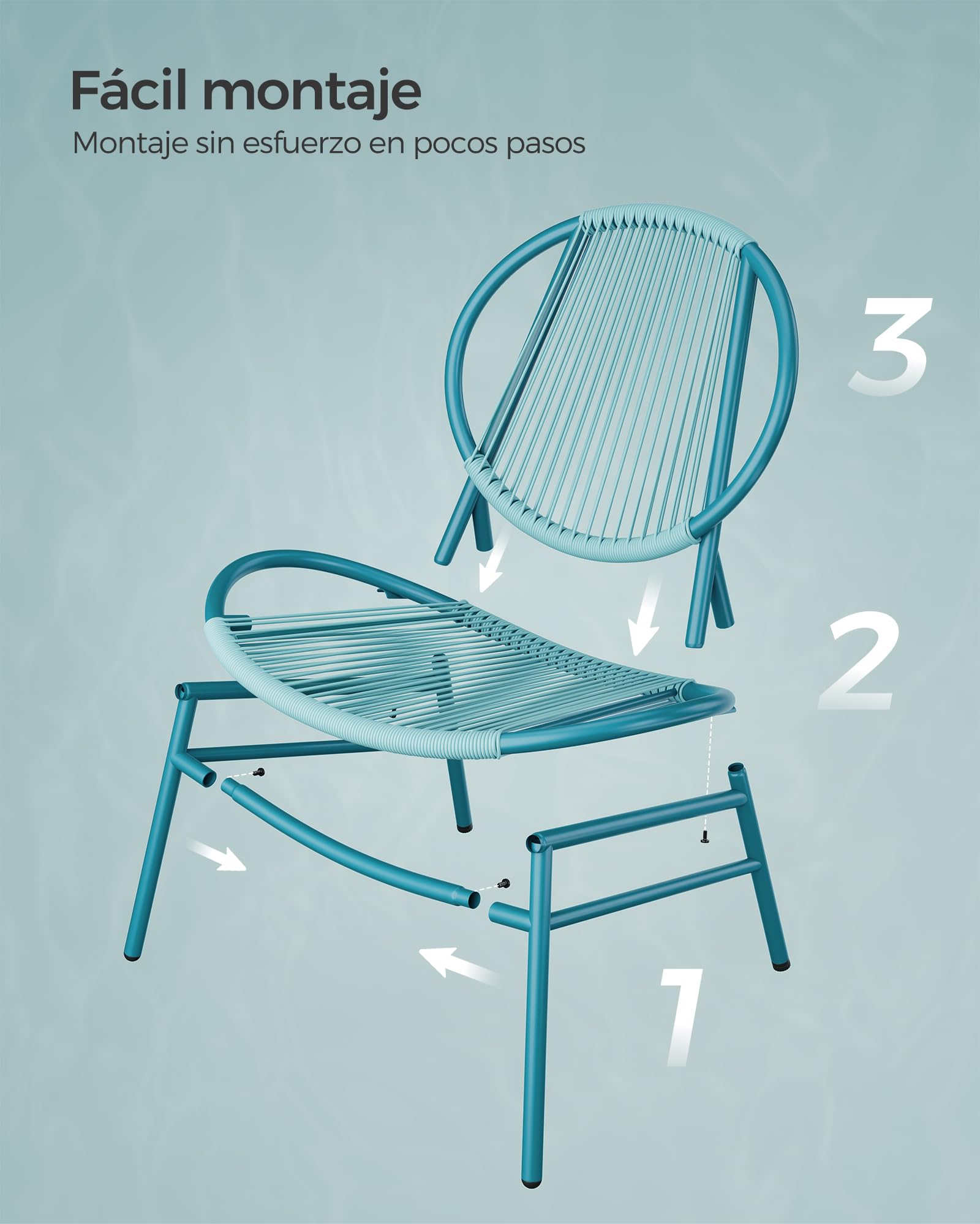 SONGMICS Conjunto Muebles de Jardín, 3 Piezas, Sillas Acapulco, Asientos de Exterior, Mesa Auxiliar y 2 Sillas, Conjunto para Interior y Exterior, Patio Balcón, Azul Lago GGF021L01