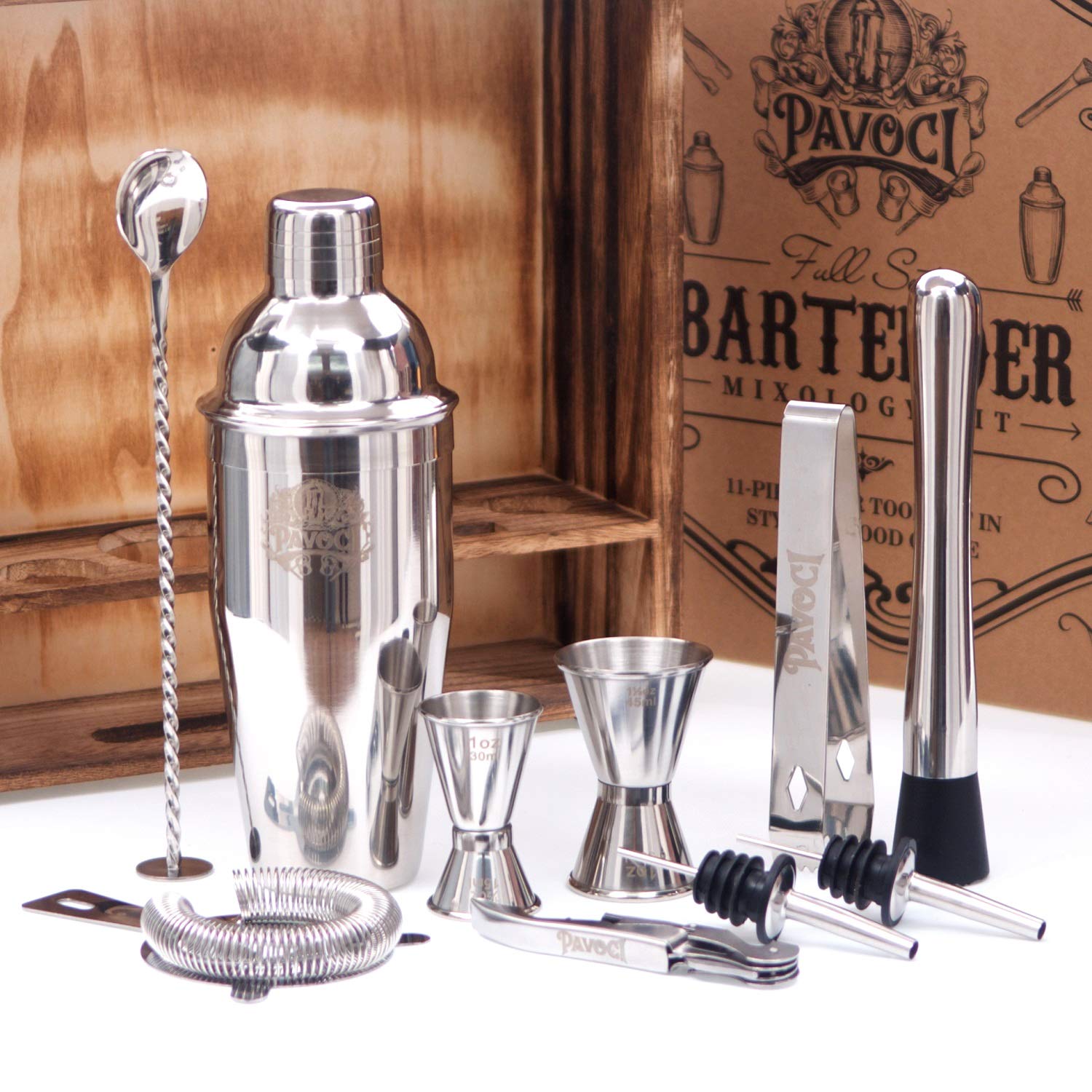 Juego de coctelería de 11 piezas, coctelera de barman de acero inoxidable de alta calidad con soporte de madera y accesorios, herramientas ideales para bar, cocina, uso profesional
