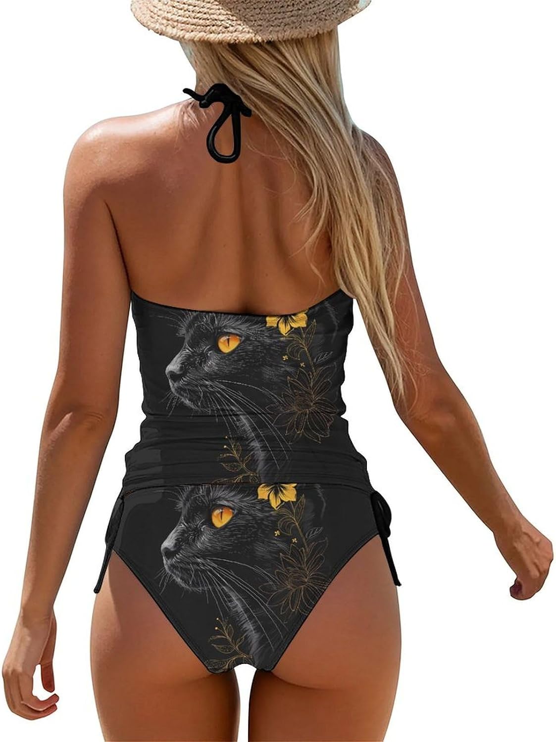 Black Cat with Yellow Eyes & Flower Funny Women's String Swimwear Set 2 Pcs Tankini Swimsuits Bathing Suit