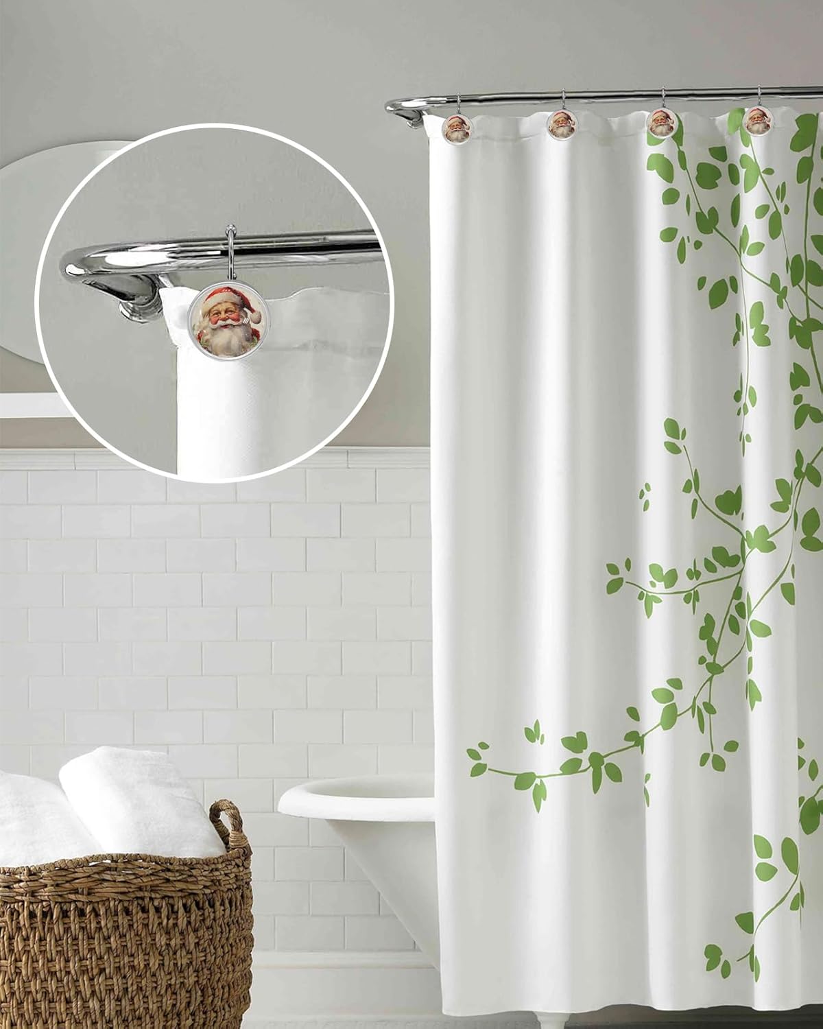 Christmas Shower Curtain Hooks Set of 12, Hat Santa Claus Crystal Glass Shower Curtain Rings for Bathroom Decorative Stainless Steel Rust Proof Roller Shower Curtain Hangers