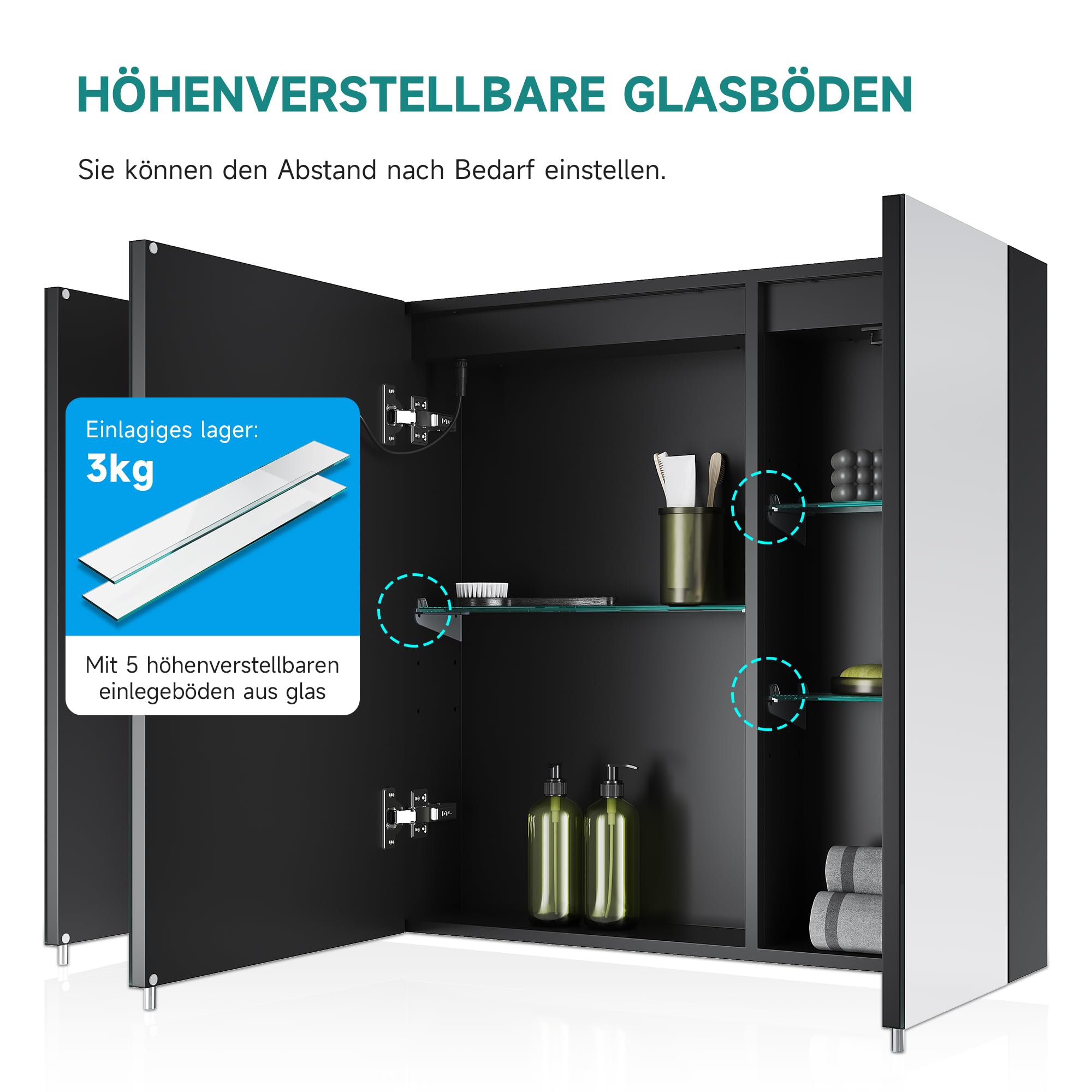 Spiegelschrank 900x650mm mit Beleuchtung, LED Badspiegelschrank, 3 Farbtemperatur dimmbare, Antibeschlag, Steckdose und Touch, Schwarz Smarter Spiegelschrank