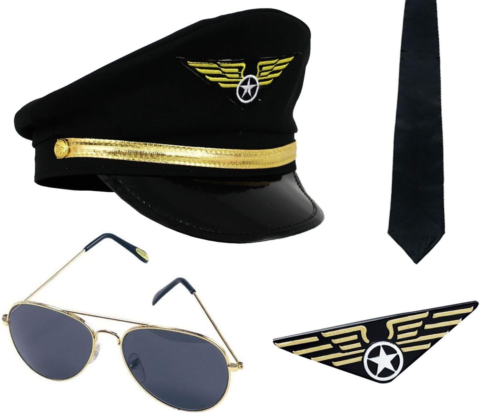 Captain Pilot Fancy Dress Costume Top Gun Glasses Badge Hat & Tie Set