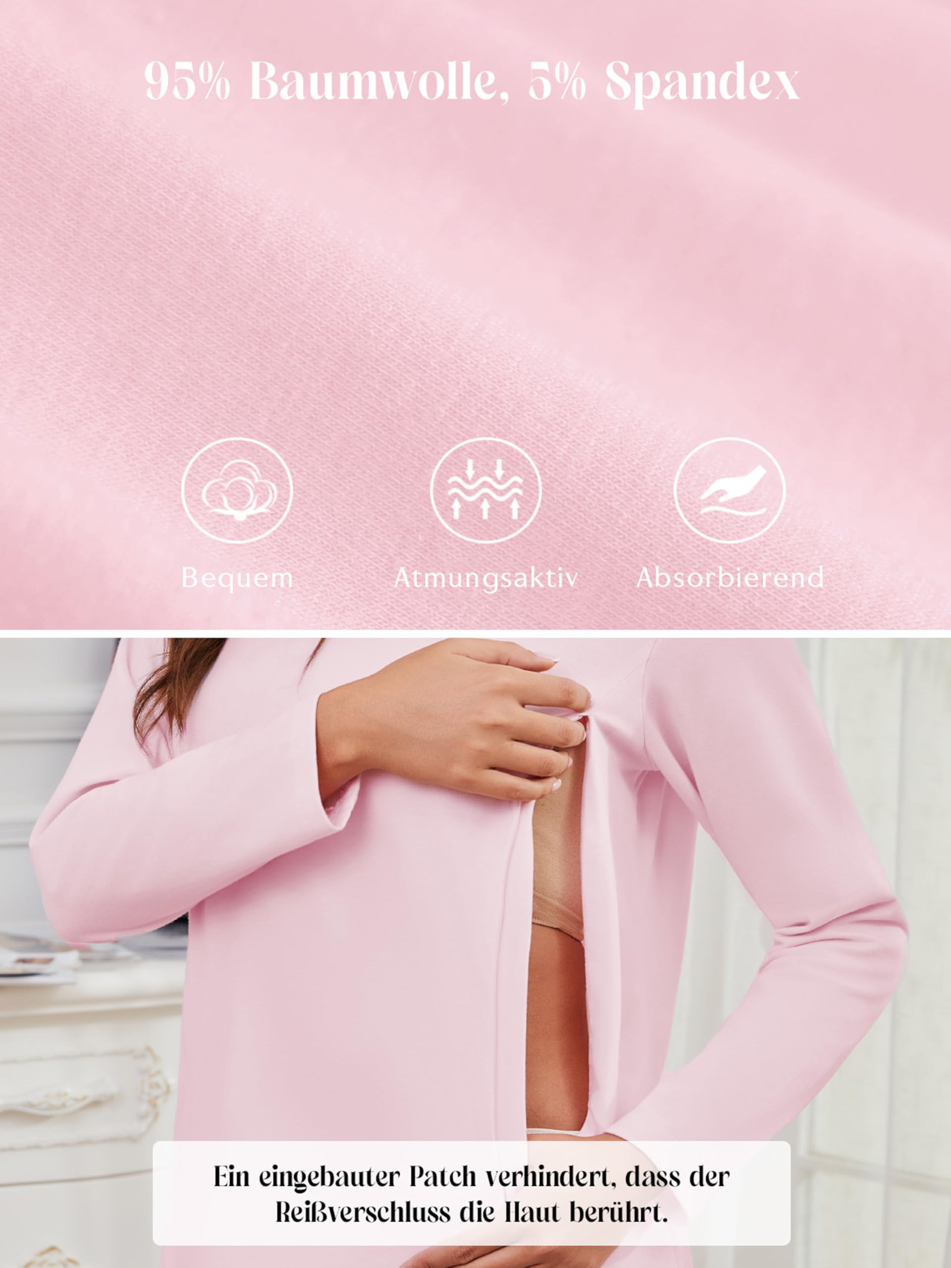 Lot de 3 t-shirts d'allaitement à manches longues pour femme enceinte avec fermeture éclair, blanc, rose et noir, XXL