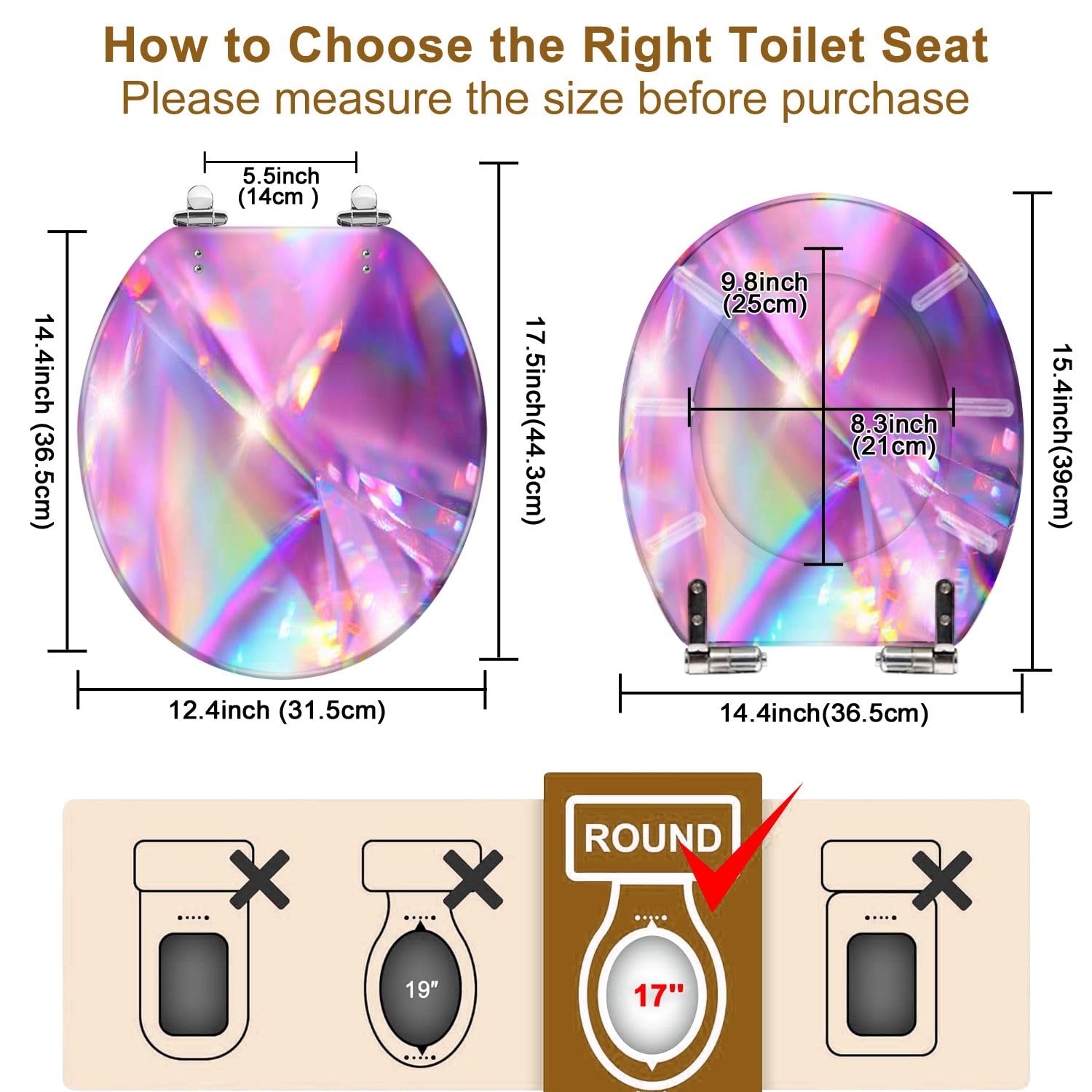 Asiento de inodoro genérico de resina iridiscente con cierre suave.