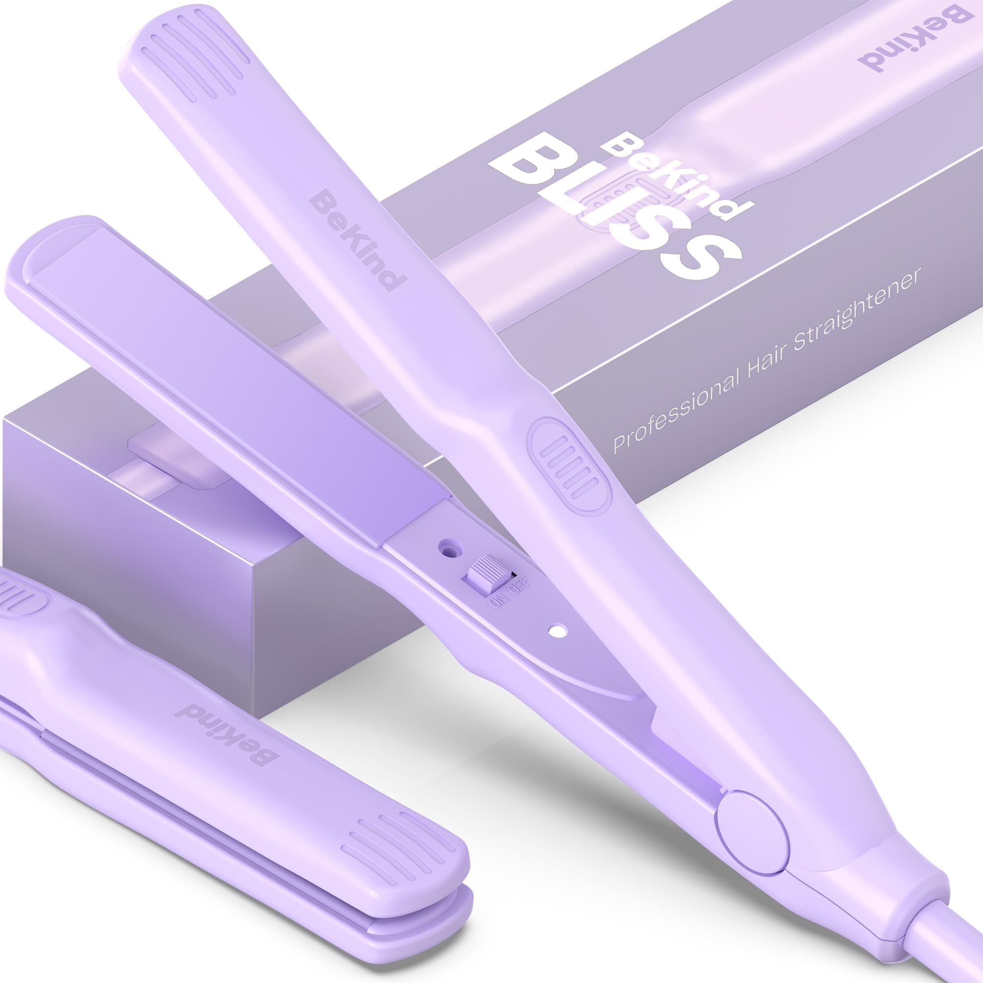 BeKind Bliss Hand-Sized Mini Hair Straightener - 0.7 Inch Portable Ceramic Small Flat Iron for Short Hair, Bangs, Curls - Lightweight, Dual Voltage Travel Hair Iron, Ideal for Styling - Purple