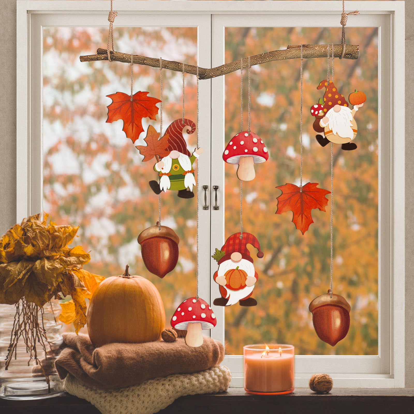 Herbstdeko 12er Set Holzanhänger - Gnome & Blätter Für Türkranz Und Girlanden