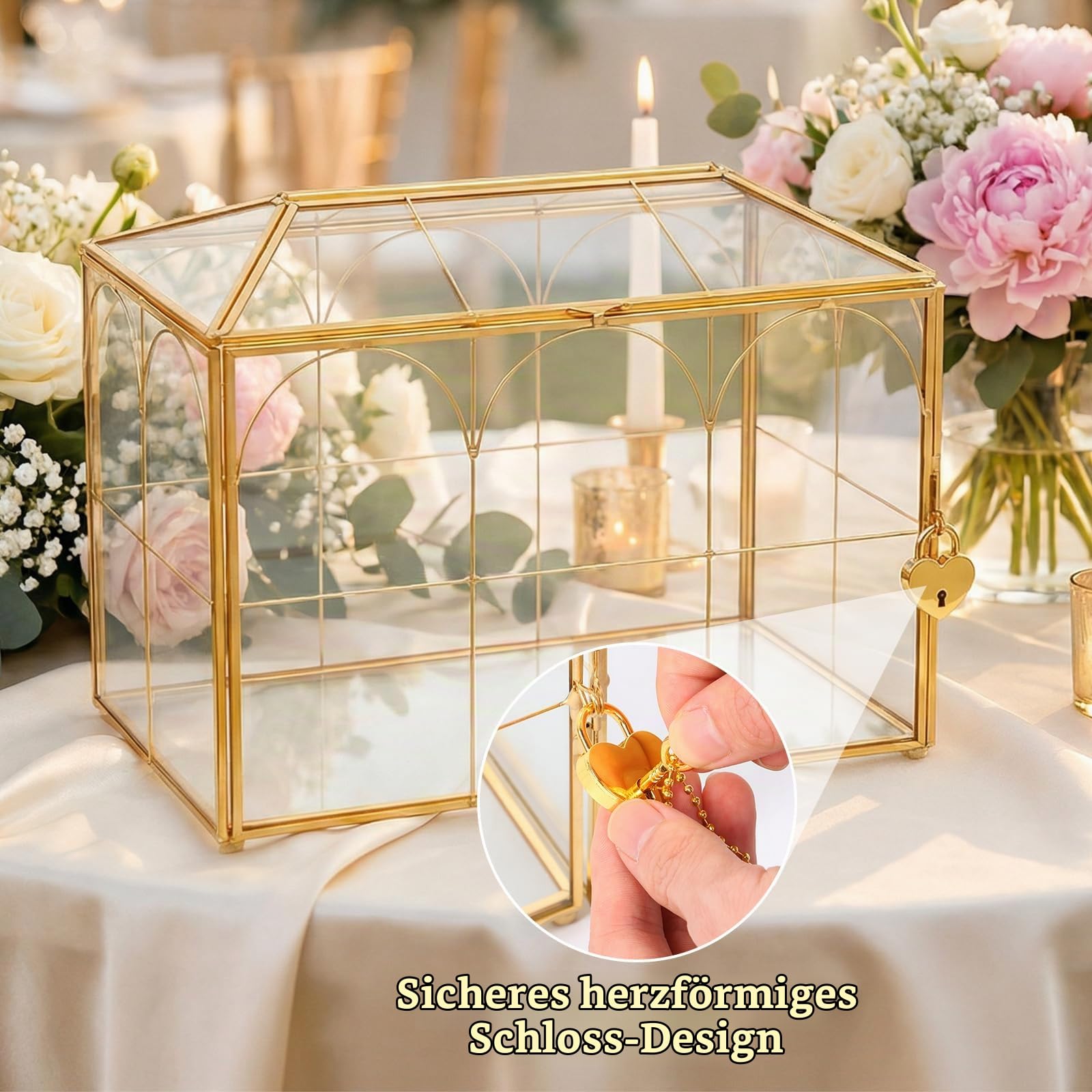 Kartenbox Hochzeit Glas Gold mit Herzschloss Schlüssel Deko | Große Transparente Glasbox für Geldgeschenke Briefe Geburtstag Feiern Postbox Vintage Messing Behaelter 26x15x21 cm Schatulle