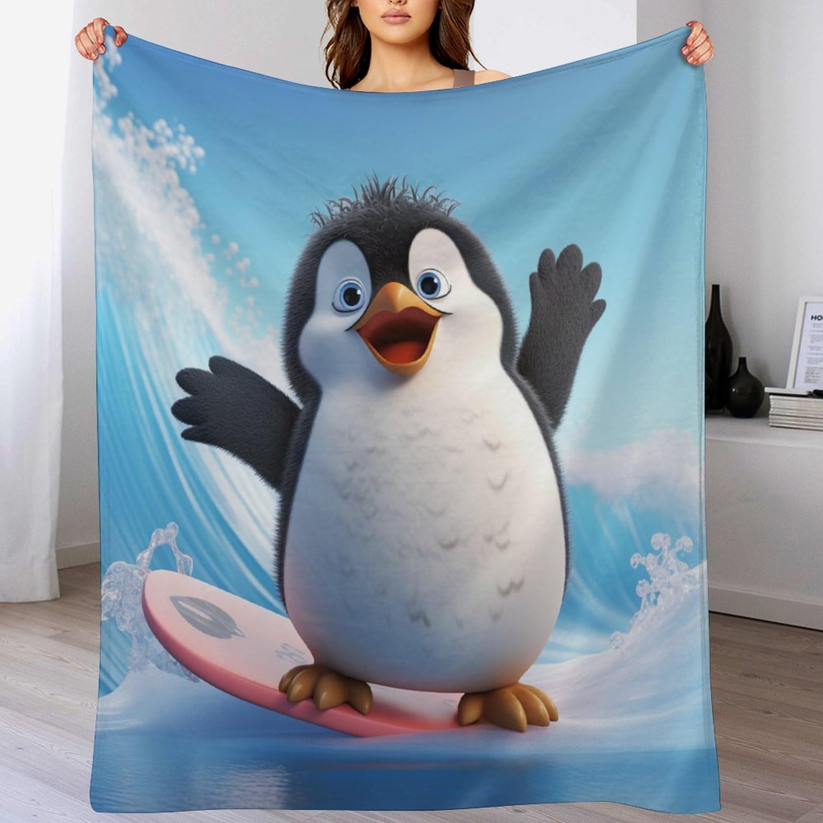 Couverture flannel polaire haut de gamme motif pingouin toutes saisons 180x200