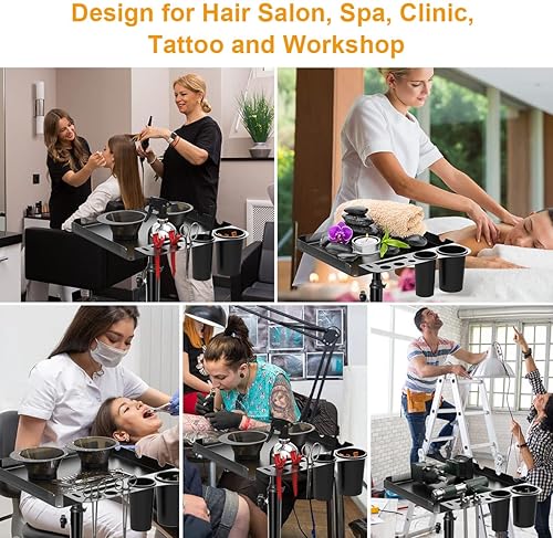 Miniatura 7 de Bandeja de salón con ruedas con 2 cuencos magnéticos, bandeja de aluminio de metal rodante, altura ajustable para estilista, bandeja de herramientas