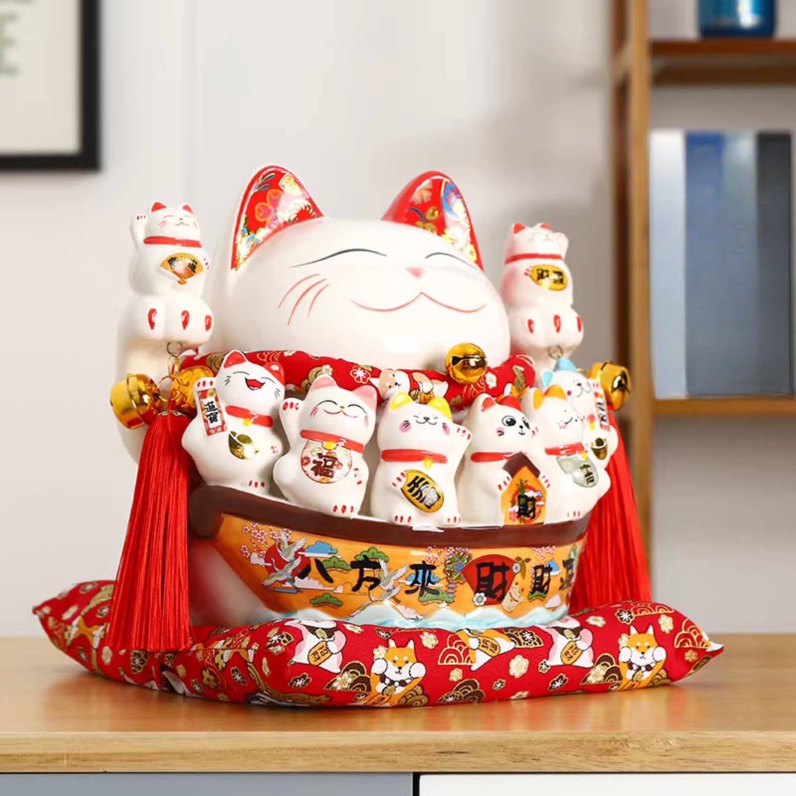 Maneki Neko japonés de cerámica blanca de 24 cm, estatua de gato de la suerte para decoración del hogar