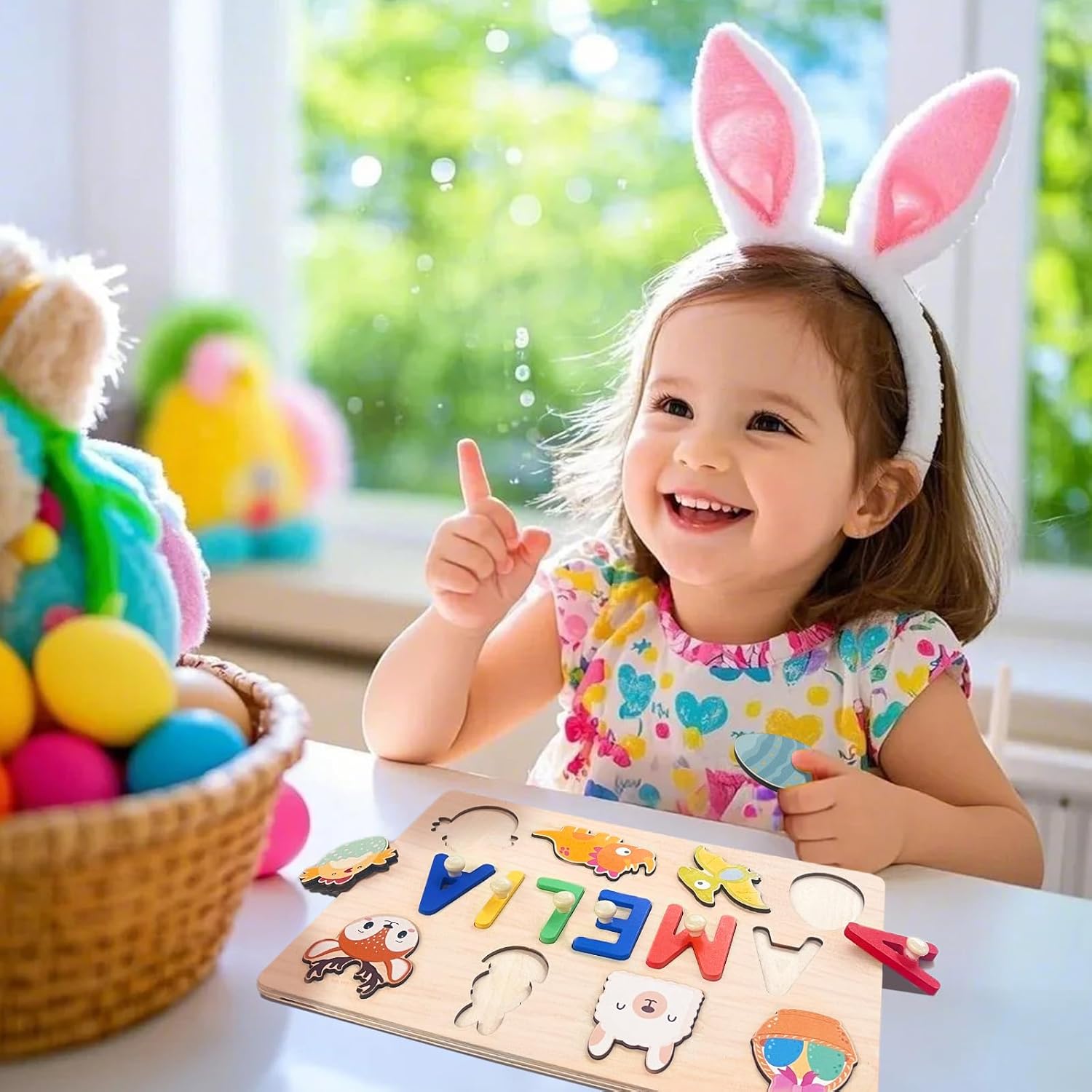Baosity Personalized Name Puzzle for Kids, Custom Wooden Puzzles for Toddler 1-3, Baby Toddler Toys for 1 Year Old, Personalized Easter Birthday Gifts for Boy & Girl