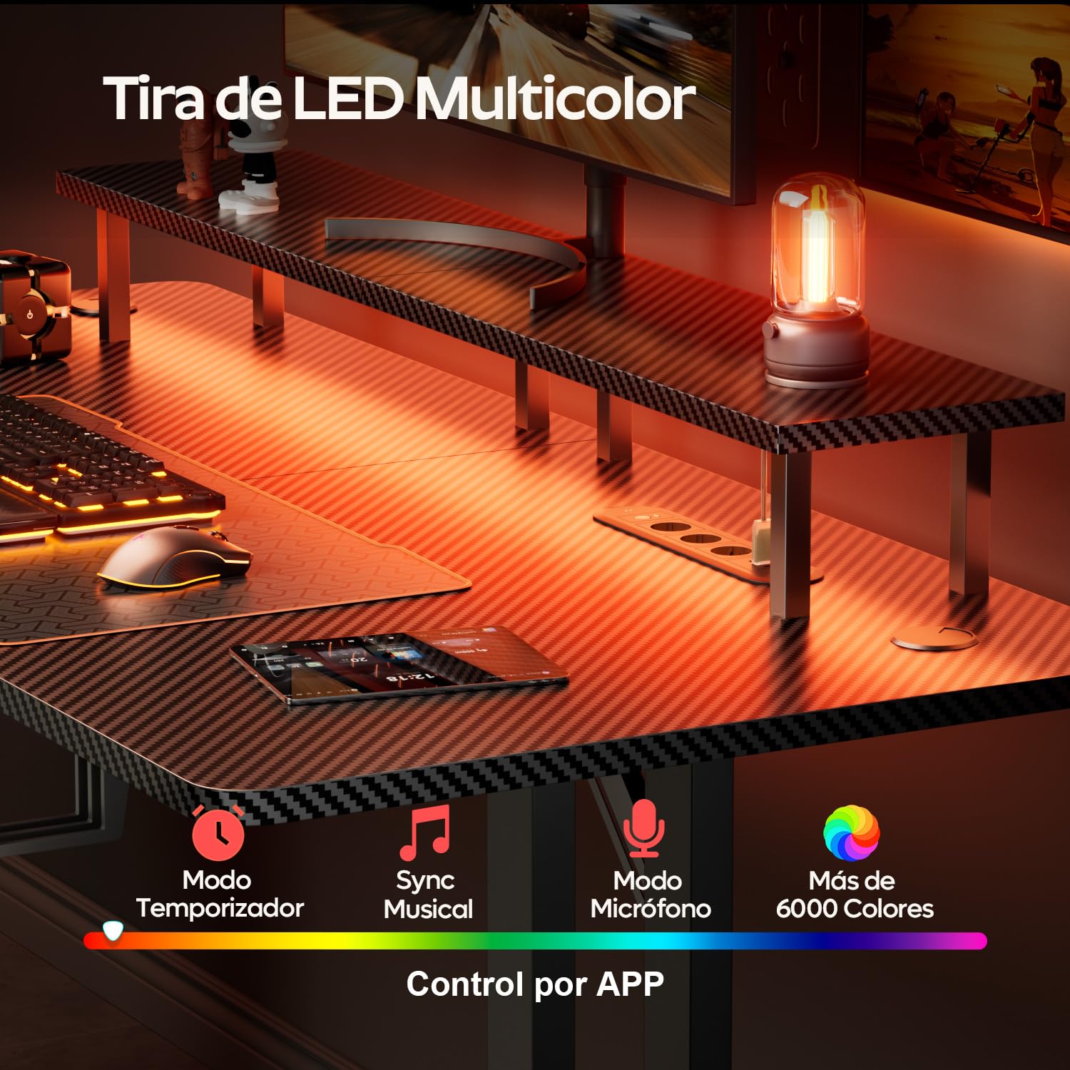 HLFURNIEU Mesa Gaming LED 140 x 60 cm, Escritorio Gaming con Enchufes & Puertos USB, Mesa Gamer con Soporte para Monitor, Portavasos y Gancho para Auriculares, Superficie de Fibra de Carbono, Negro