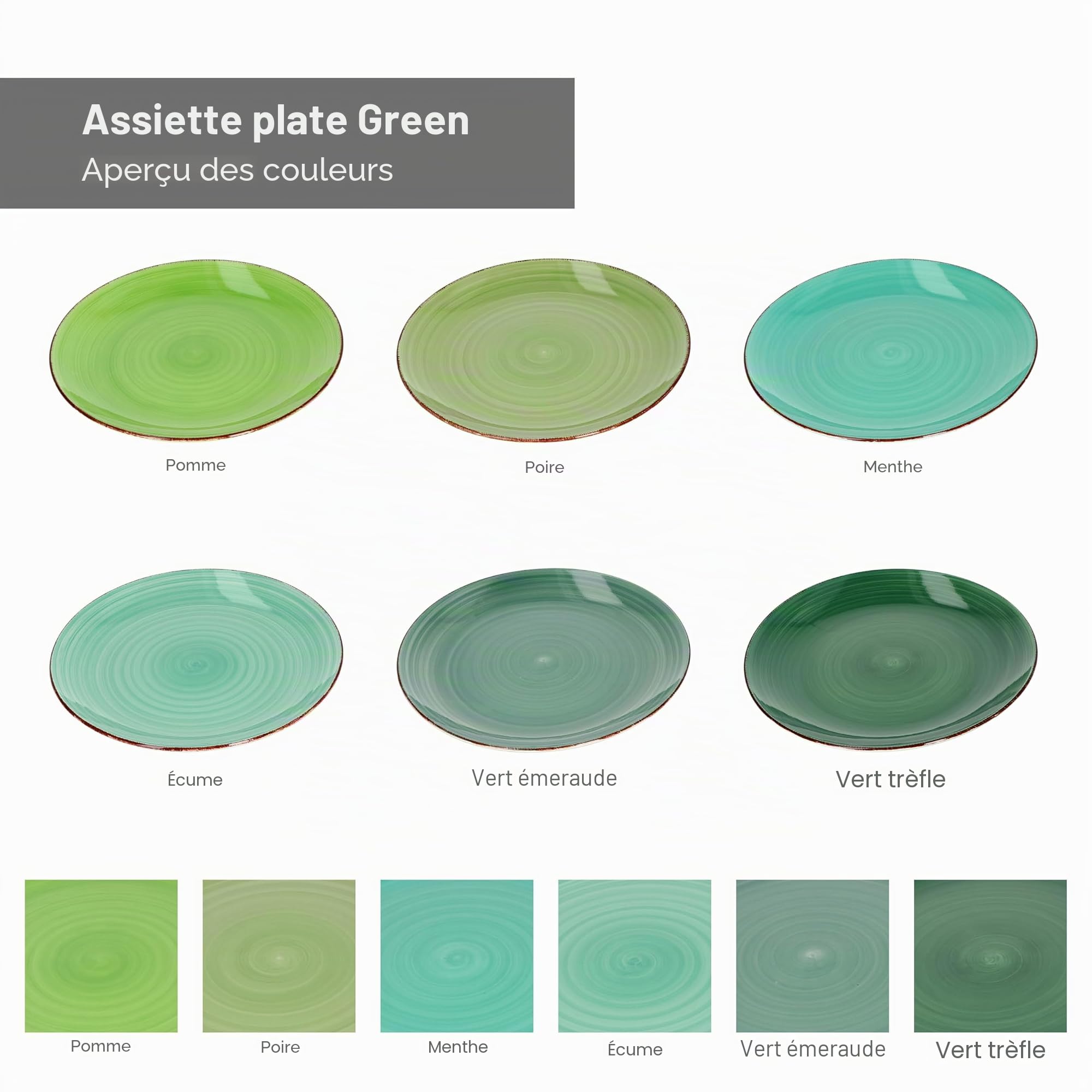 MamboCat Green Lot de 6 assiettes plates, en faïence, vertes, robustes, pour 6 personnes, avec décor moderne de tourbillons dans de superbes tons