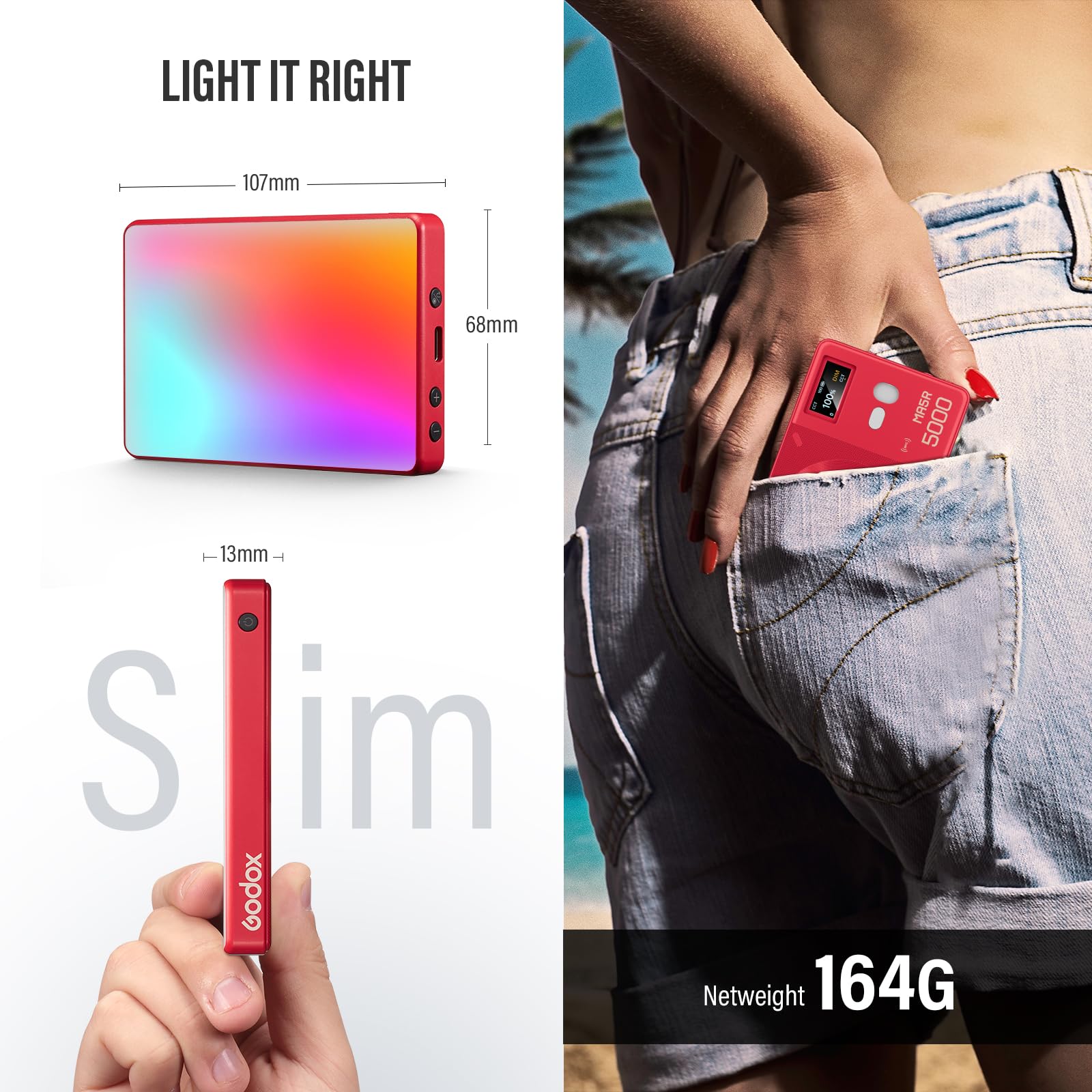 GODOX MA5R Lumière vidéo RVB magnétique Full Colour 1800K-10000K 14 effets pré-programmés pour appareil photo reflex numérique (rouge)