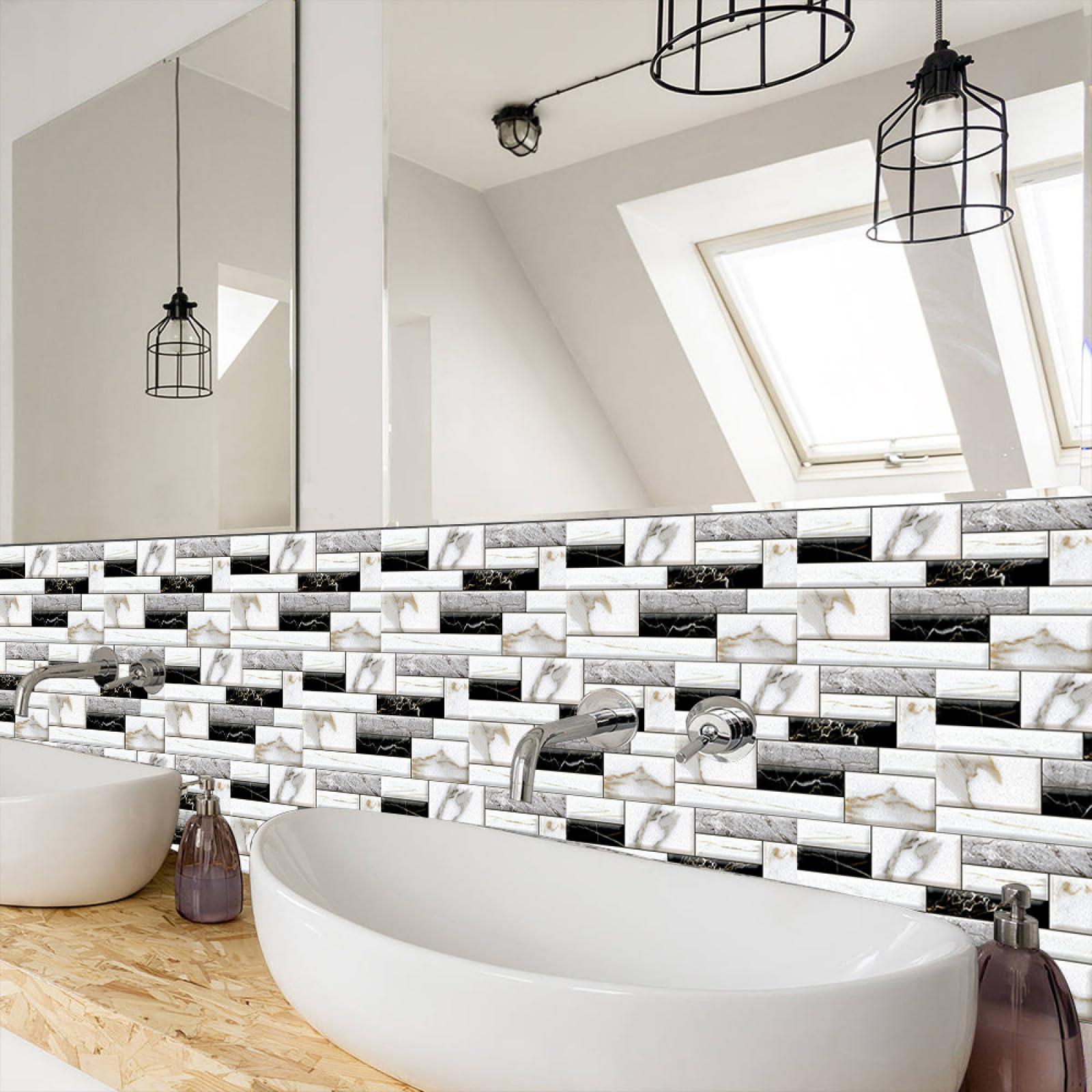Adesivi per Piastrelle Effetto Marmo Bianco e Nero, autoadesivi, in PVC, Resistenti, Rimovibili, per Bagno, Pavimento, Cucina, Parete, Impermeabili, antiolio, 15x30 cm/30 Pezzi