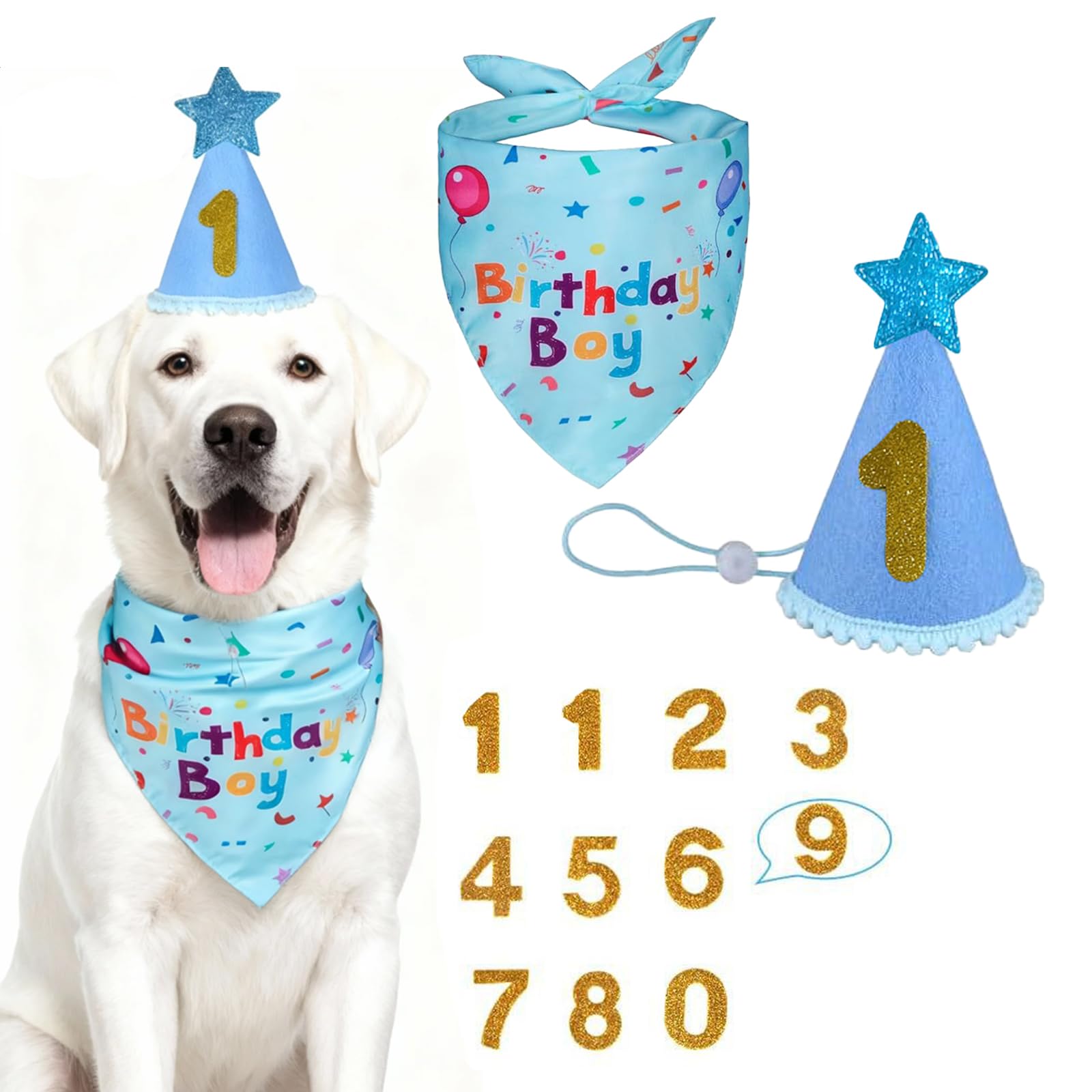 Cappello per Cani Compleanno con Bandana, 8 Numeri Bling Adesivi, Decorazioni Festa Cane 3 Pezzi