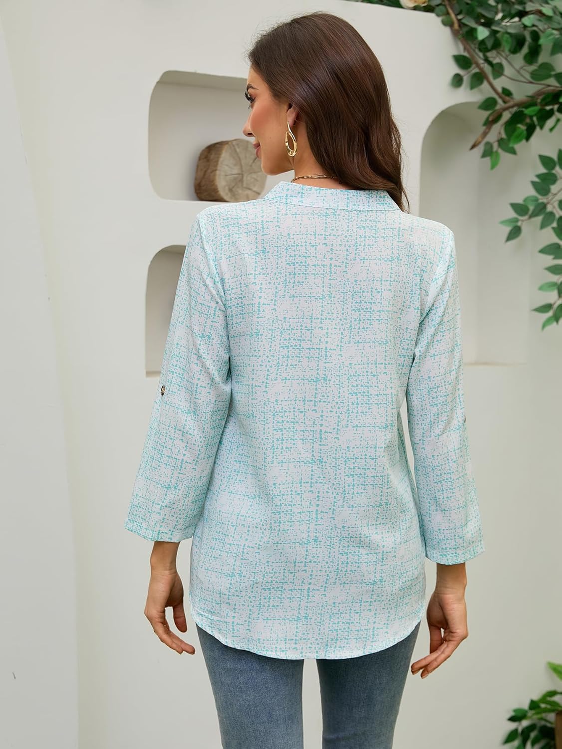 Women's Casual V-Neck Shirt Long Sleeve Button Work Tops Business Casual Summer Floral Tops - Image 2