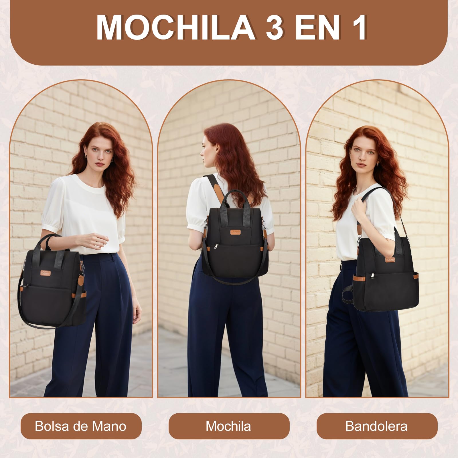 Eshow Mochila Mujer Antirrobo, Bolso Casual con Correa Ajustable y Asa Superior, Bandolera Multifuncional para Uso Diario Trabajo Viaje Escuela Compras y Universidad Negra