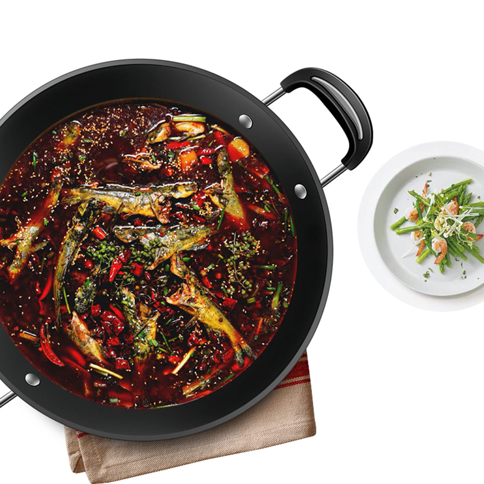 Wok in ghisa, stile antico, pentola binaurale tradizionale in ghisa, Without lid-φ34 cm
