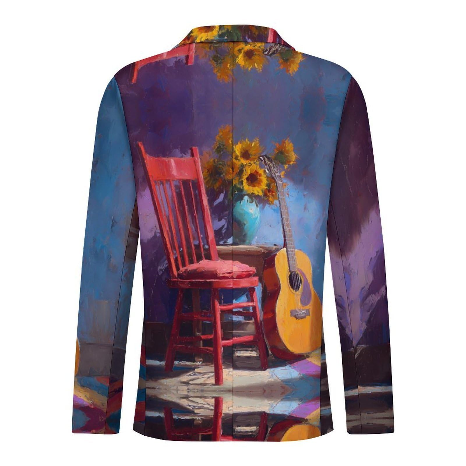 Giacca da uomo con 2 bottoni, motivo astratto, colore: rosso, con chitarra e girasoli