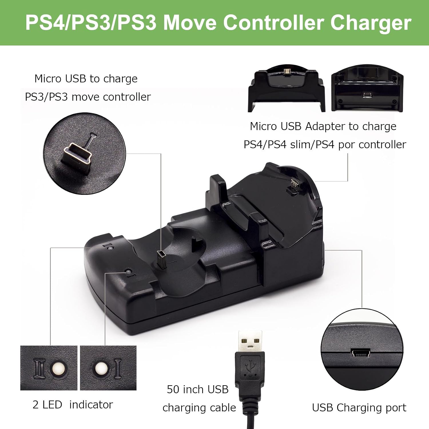 BRHE Controller Charger for PS4/Pro/Slim, for PS3/PS3 Move Controller Charger Charging Docking Station Stand USB Fast Charging Station 3 in 1- Black