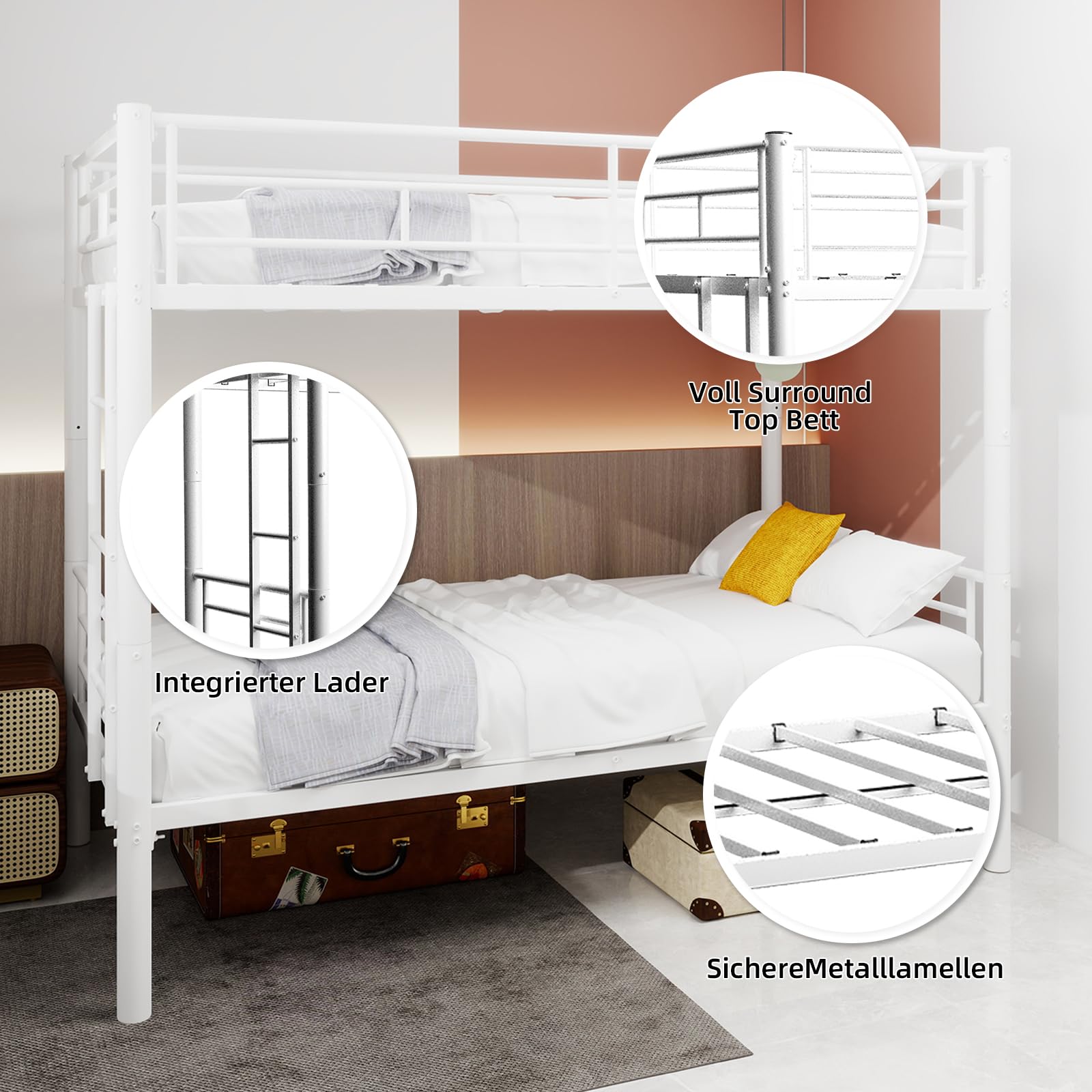 Cama alta para niños, litera de metal, convertible, 2 camas, no requiere caja de muelles, con escalera y barandilla de longitud completa, para adolescentes y adultos (blanco A, 90 x 190 cm)