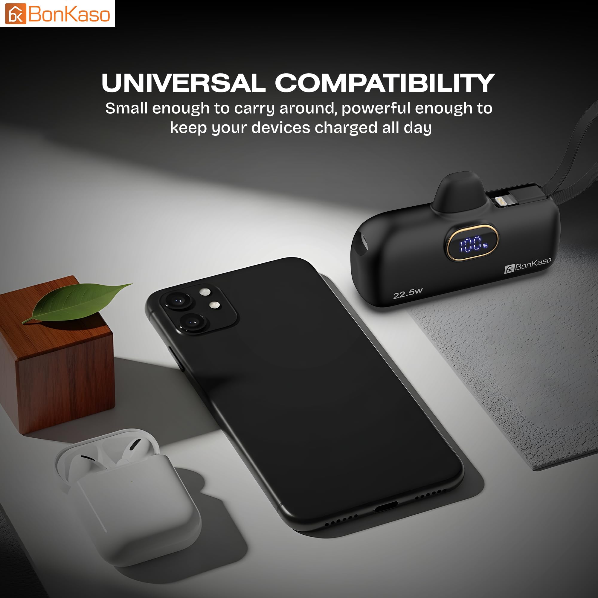 BonKaso 5000mAh Mini Power Bank 22.5W PD Fast Charging, USB-C Type-C Input/Output, Built-in i5 Cable, Digital LED Display, Compact Pocket Portable Charger for iPhone & Android – Black — Amazon image 5