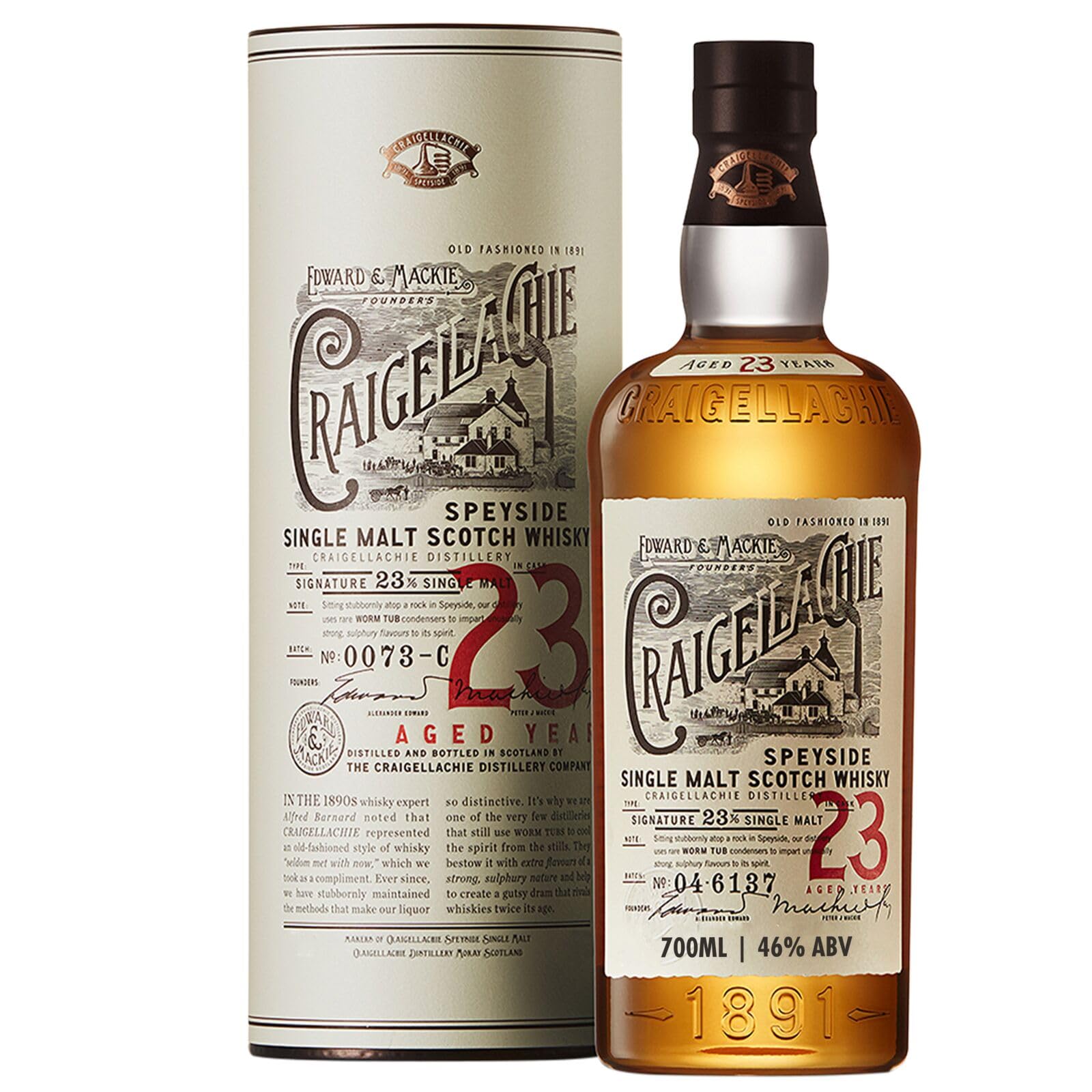 CRAIGELLACHIE 23 Anni Speyside Single Malt Scotch Whisky, 46% vol., 70 cl – Tubo Regalo, Botti di primo riempimento Sherry e Bourbon, Non filtrato a freddo, Edizione da collezione