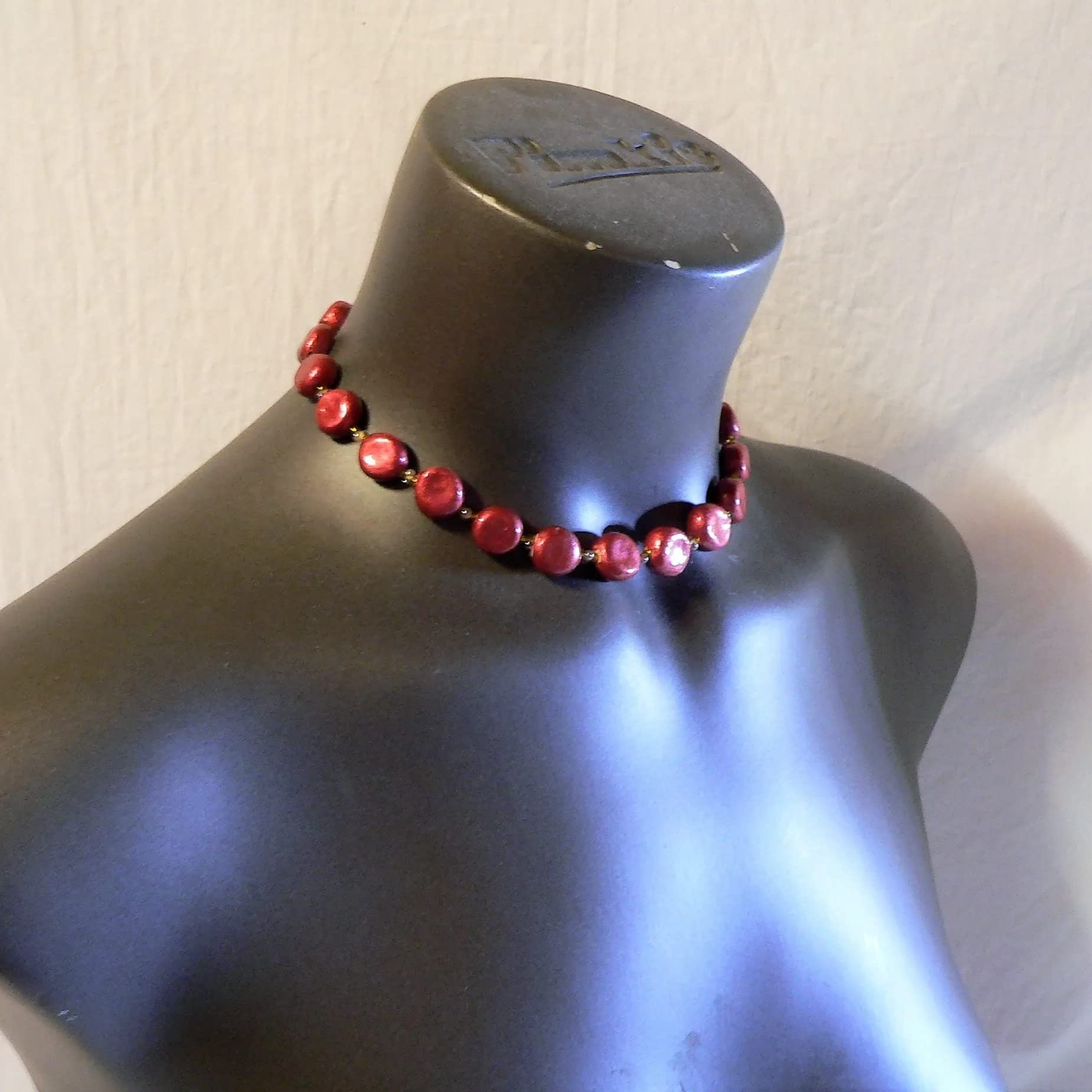 Joyas para mujer: Conjunto de perlas de cerámica, gargantilla, pendientes y pulsera, color rojo