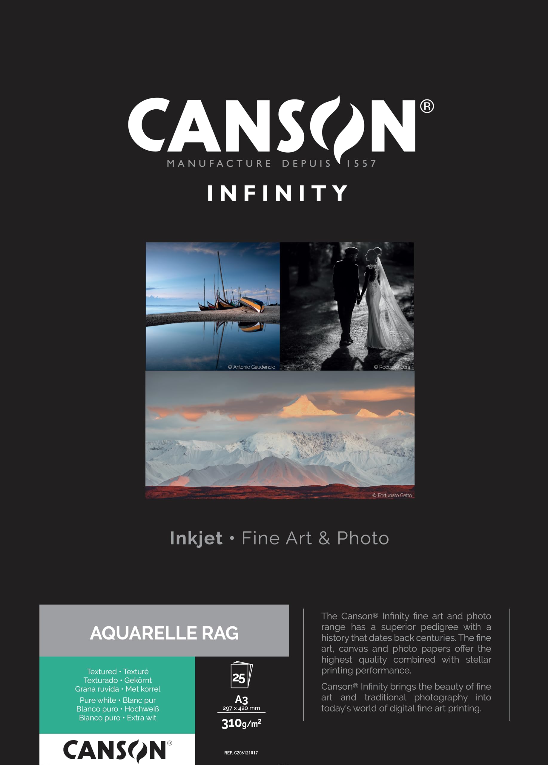 Canson Infinity Aquarelle Rag, Caja A3, 25 Hojas, 100% Algodón, 310g