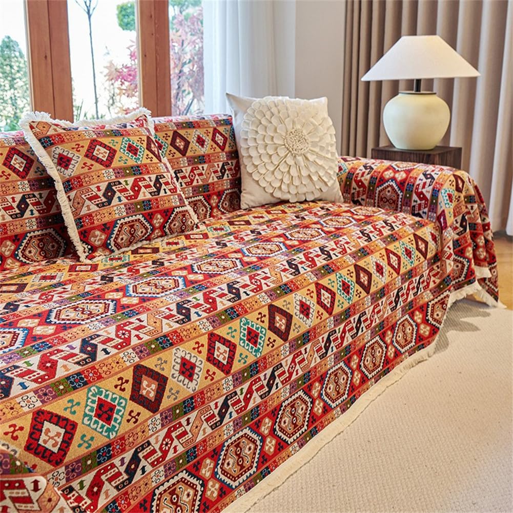Morbuy Sofa Cover with Tassel for 1 2 3 4 Seater, Cotton Linen All-Season Protection AB Sided Throw Slipcover for Corner Sofa Couch Cover for Living Room (orange boho,90x90cm)