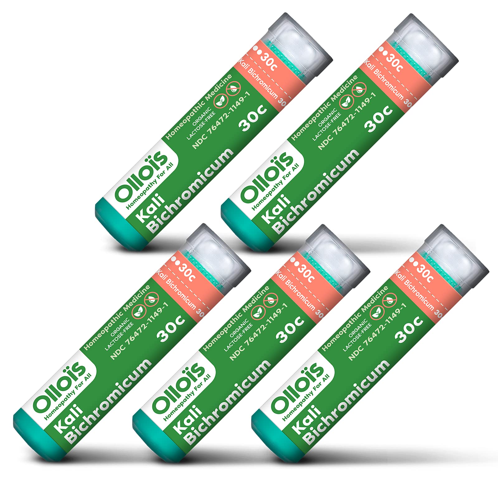 OLLOIS Kali Bichromicum 30c, Organic, Lactose-Free, Vegan, Homeopathic Medicine for Nasal Discharge, Sinus Headache, 80 Pellets (Pack of 5)