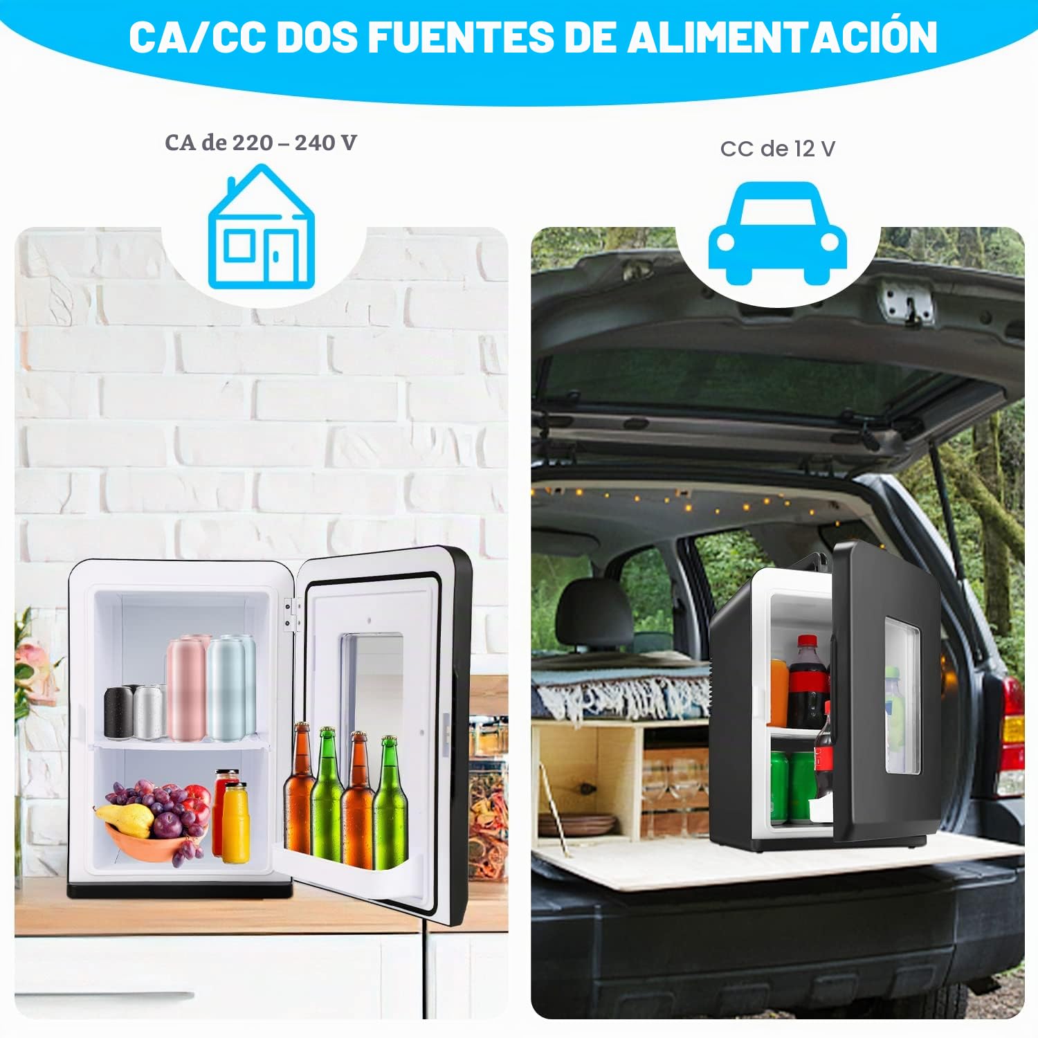 Herrselsam Mininevera 2 en 1, 15 litros, nevera portátil de 220 V AC/12 V CC, minibar pequeño con función de refrigeración y calefacción, nevera pequeña para bebidas, oficina, camping, negro