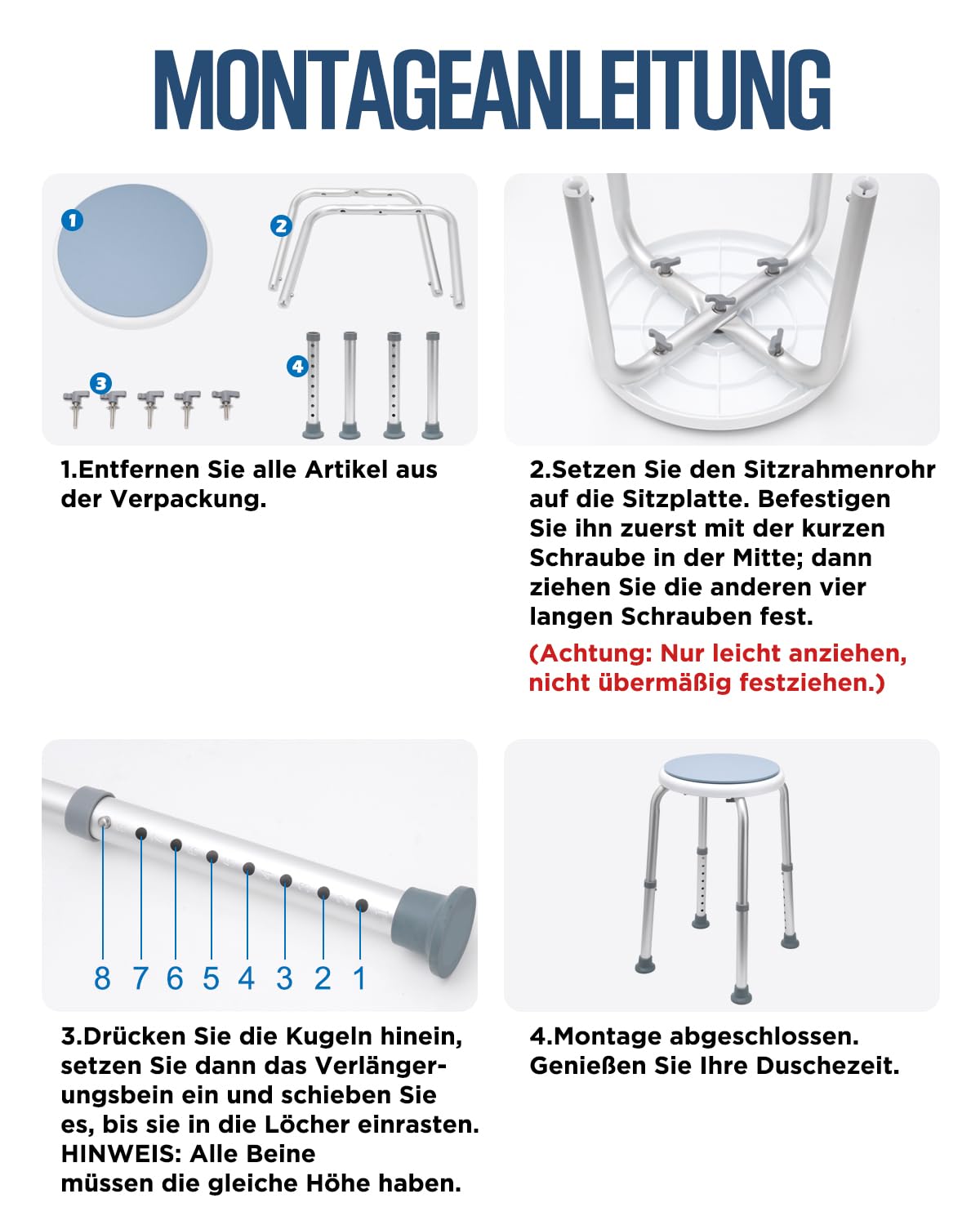 Runder Duschhocker, Duschstuhl für Senioren 150KG Belastbar, Höhenverstellbar 33-52cm, Aluminium Duschsitz, Badestuhl, Badehocker für Badewannen