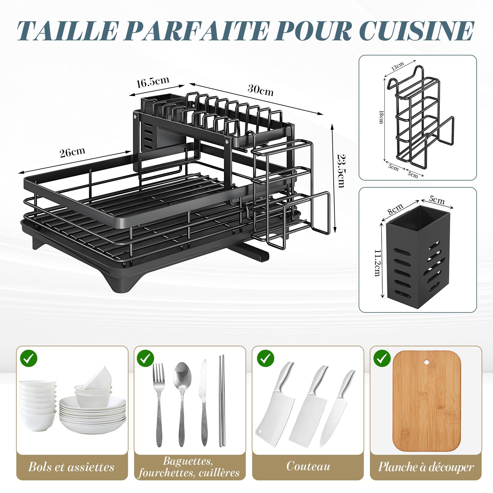 ZYNERY Grande Capacité Égouttoir à Vaisselle Noir, Egouttoir Vaisselle 2 Niveaux avec Plateau d'égouttage, Drainage Automatique Rangement Vaisselle Cuisine pour Comptoir de Cuisine