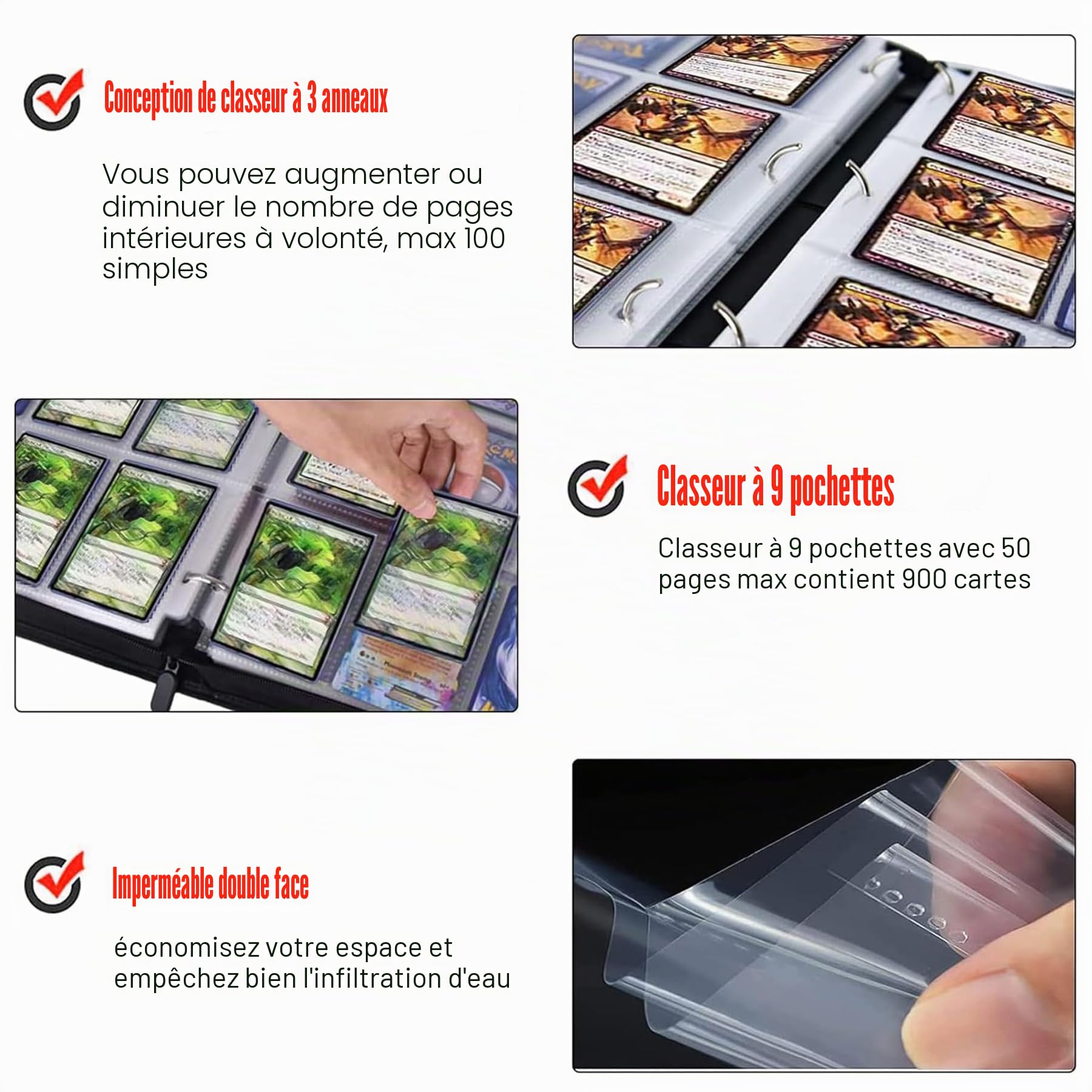 Classeur de cartes à collectionner Anime pour cartes, 9 poches avec 60 pochettes jusqu'à 1080 cartes, classeur de cartes JCC en une seule pièce, étui de rangement étanche pour cartes à collectionner