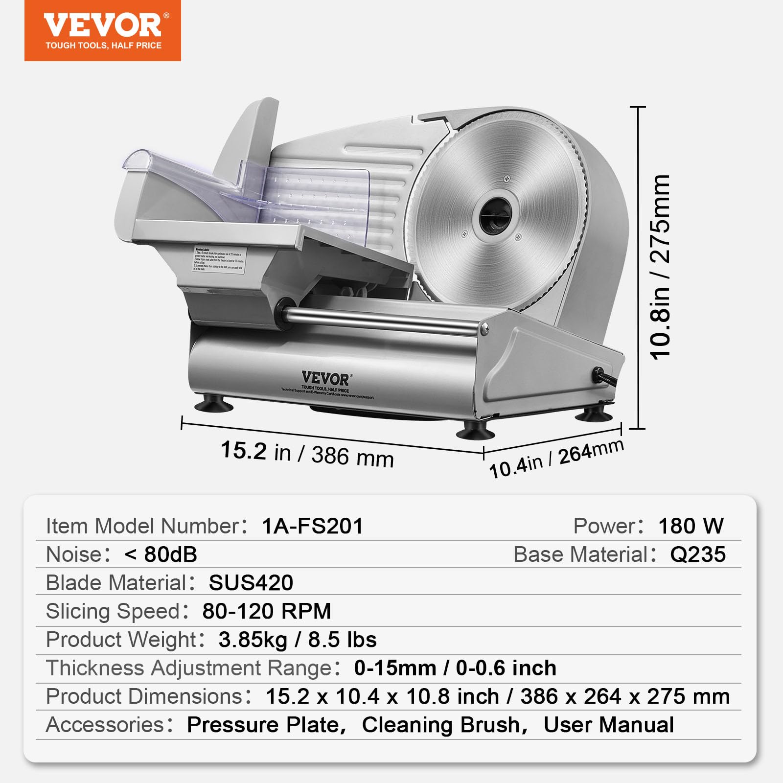 VEVOR Heimgebrauch Fleisch Allesschneider 180 W, 80–120 U/min Elektrische Aufschnittmaschine Lebensmittelschneider mit SUS420 Klingen, 0–15 mm Einstellbare Dicke für Fleisch, Käse usw.