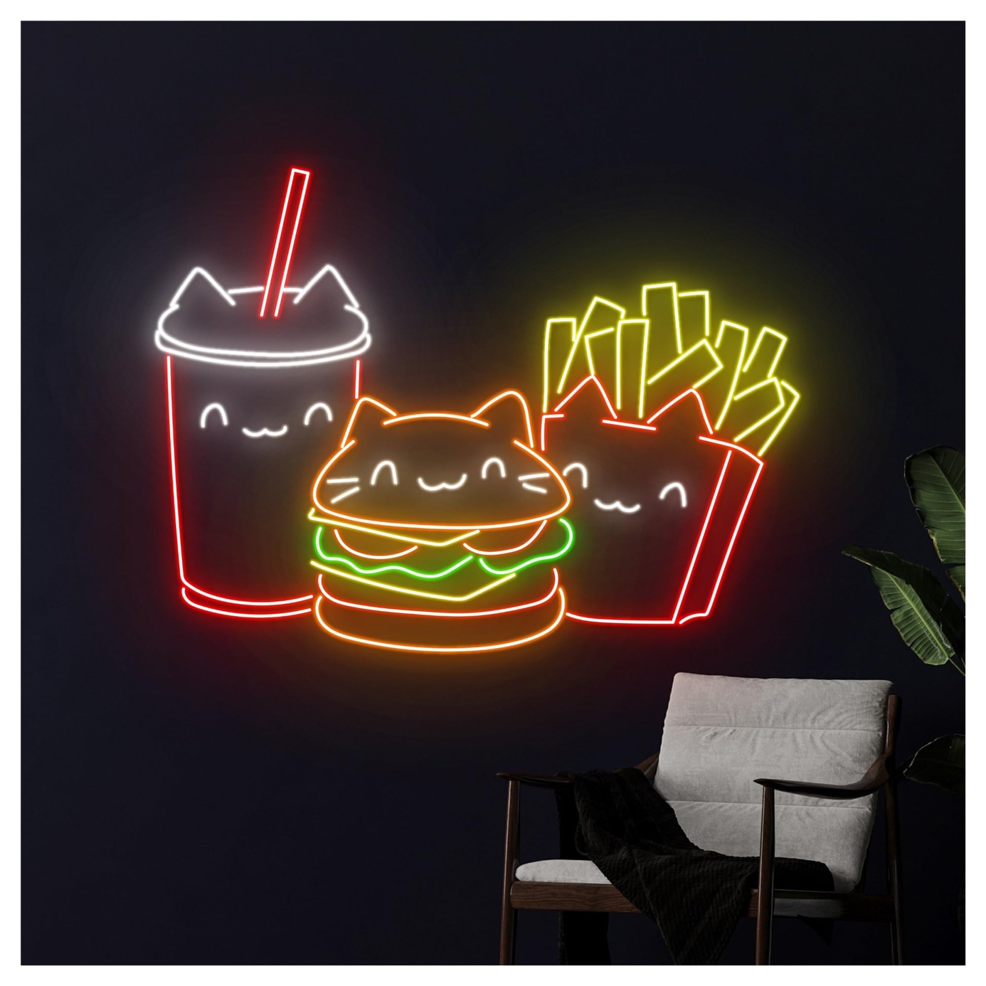 RONGCH Hanging Art Neon Signs Burger and French Fries Beverage Neon Sign, Suitable for Restaurant Shop Decor with Dimmable 53cm