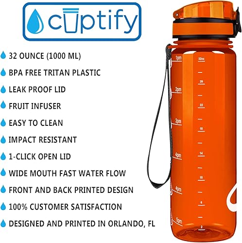 Miniatura 3 de Botella de agua personalizada para niños, naranja brillante, 32 onzas, motivacional, fitness, deportes, con marcador de tiempo, boca ancha, a prueba