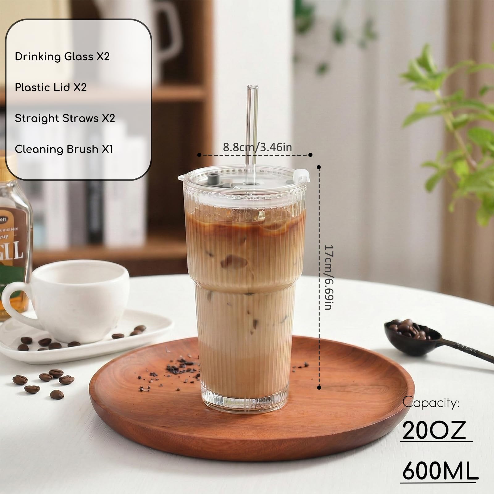 VITEVER Juego de 2 vasos de cristal acanalados de 600 ml con tapa y pajita, vasos de café helado, juego de vasos largos, vasos para batidos, diseño hermético e impermeable, ideal como café