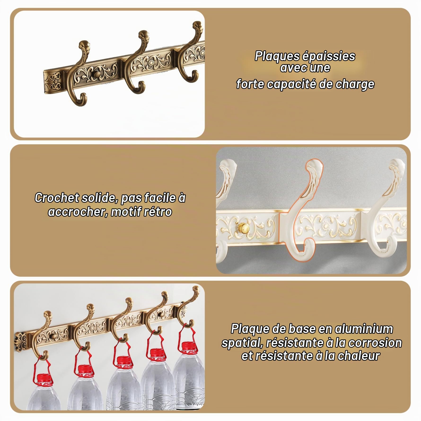 Porte-Manteau Mural Vintage avec 5 Crochets, patères murales en Aluminium pour Salle de Bain et Chambre à Coucher, 20.4x4.7x3.3 Pouces