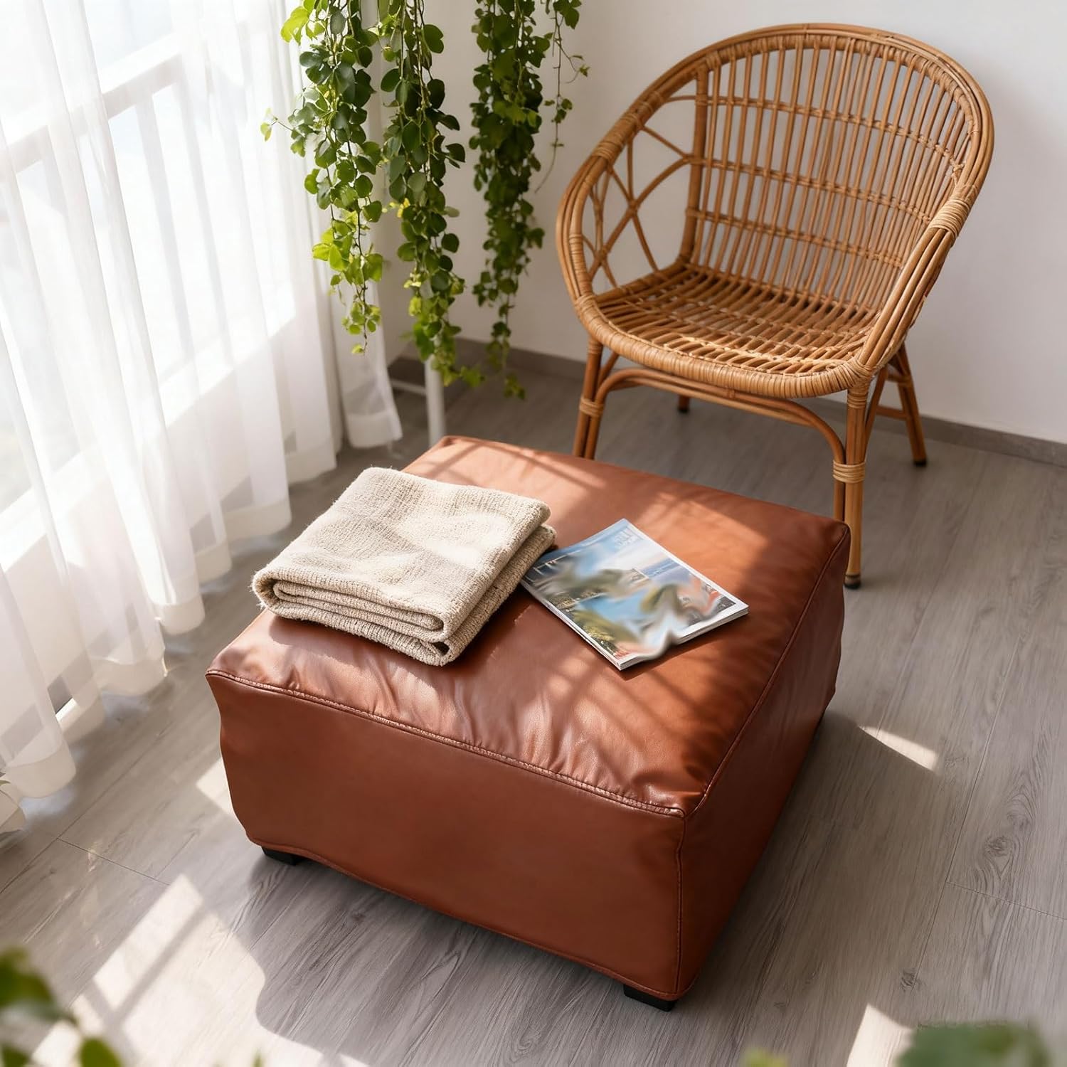 Waterproof Ottoman Slipcover for Living Room Furniture Pet-Friendly Scratch-Resistant Stretch Covers with Full Wrap Design for Sofa, Footrest Stools(Red,81cm-100cm)