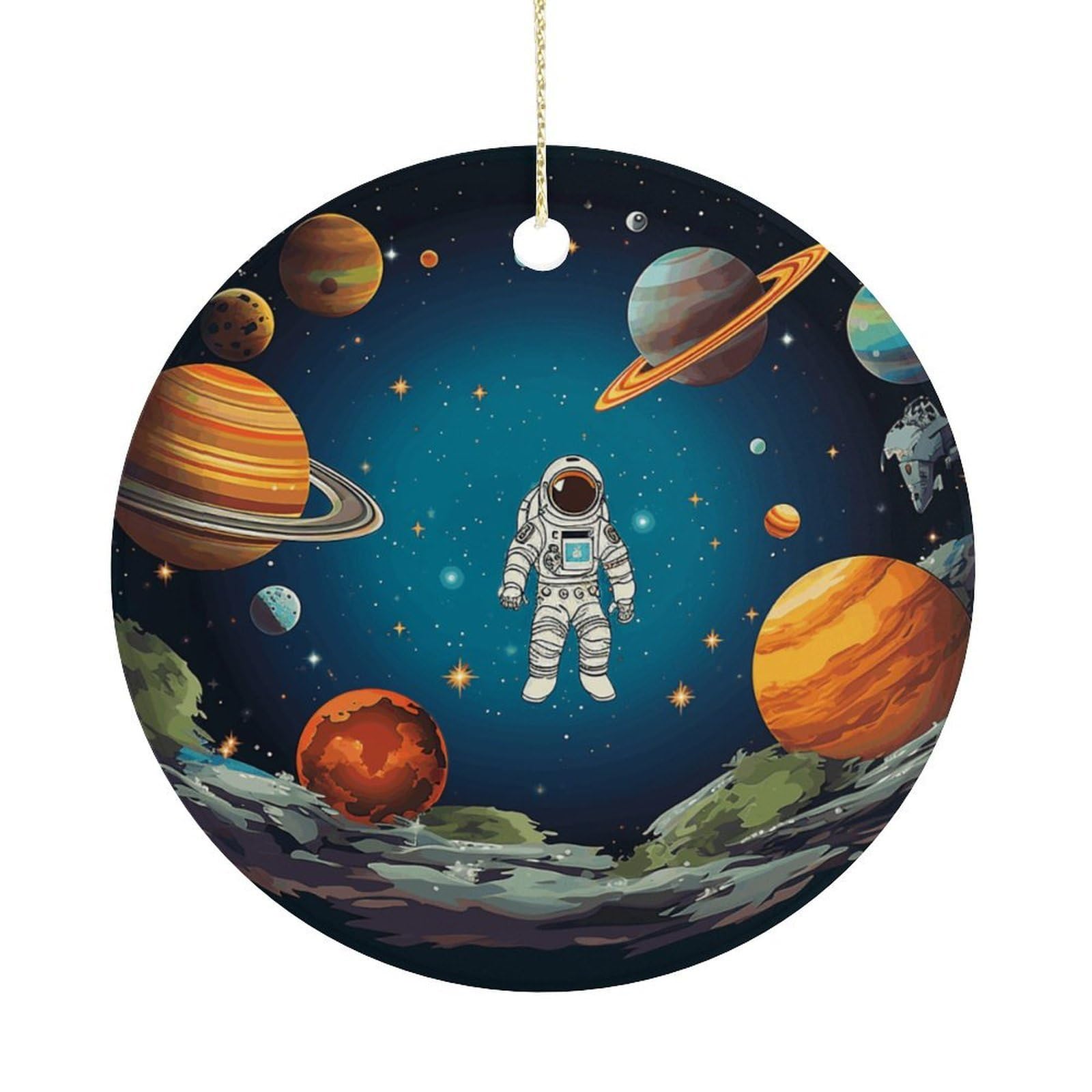 Outer Space Rocket Astronaut Christmas Ornament,Round Ceramic Ornaments Personalized Christmas Tree Ornament for Holiday Porcelain Keepsake Gifts Ideas Home Decor