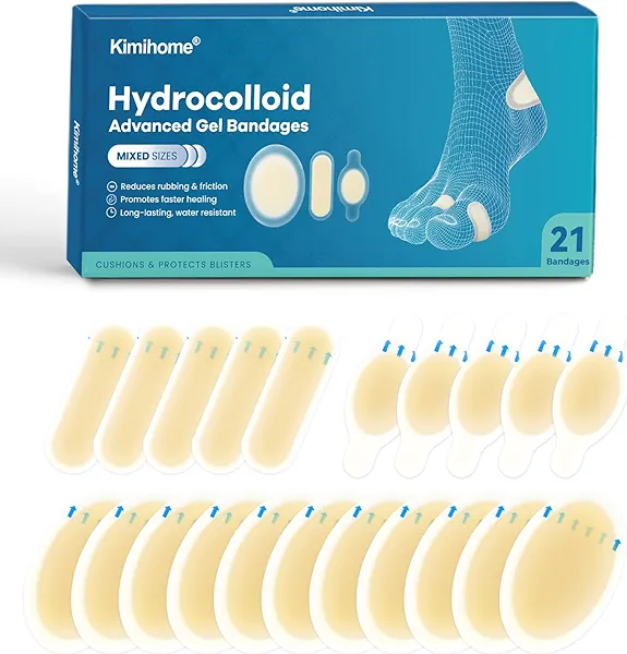 Gel Blister Bandages - 21 PCS Hydrocolloid Bandages for Feet, Blister Cushions Pads, Water Resistant Adhesive Bandages for Heel, Toes & Foot, Blister Bandages for Prevention & Recovery (Variety Pack)