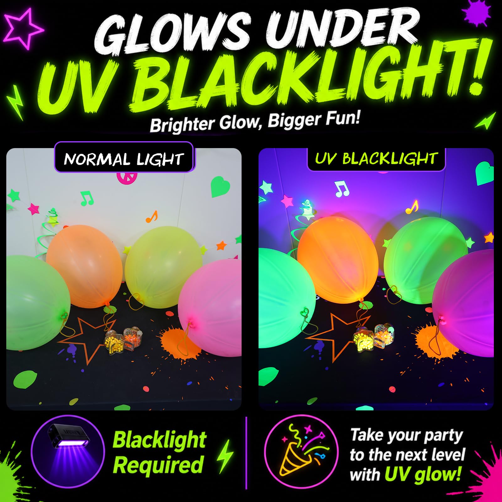Mega-L Lot de 24 ballons fluo pour enfants, ballons rebondissants robustes avec poignées en caoutchouc, cadeaux de fête pour anniversaire, piñatas, sacs à friandises, prix et fournitures de carnaval
