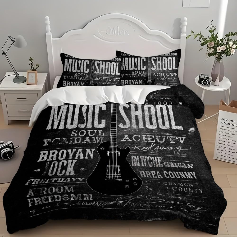 3D Funda nórdica 240x220 cm Tema De MúSica Retro Funda nórdica con Cremallera, 3 Piezas Negro Ropa de Cama de Microfibra Cama 150cm Ultra Suave para niños Adolescentes y Adulto