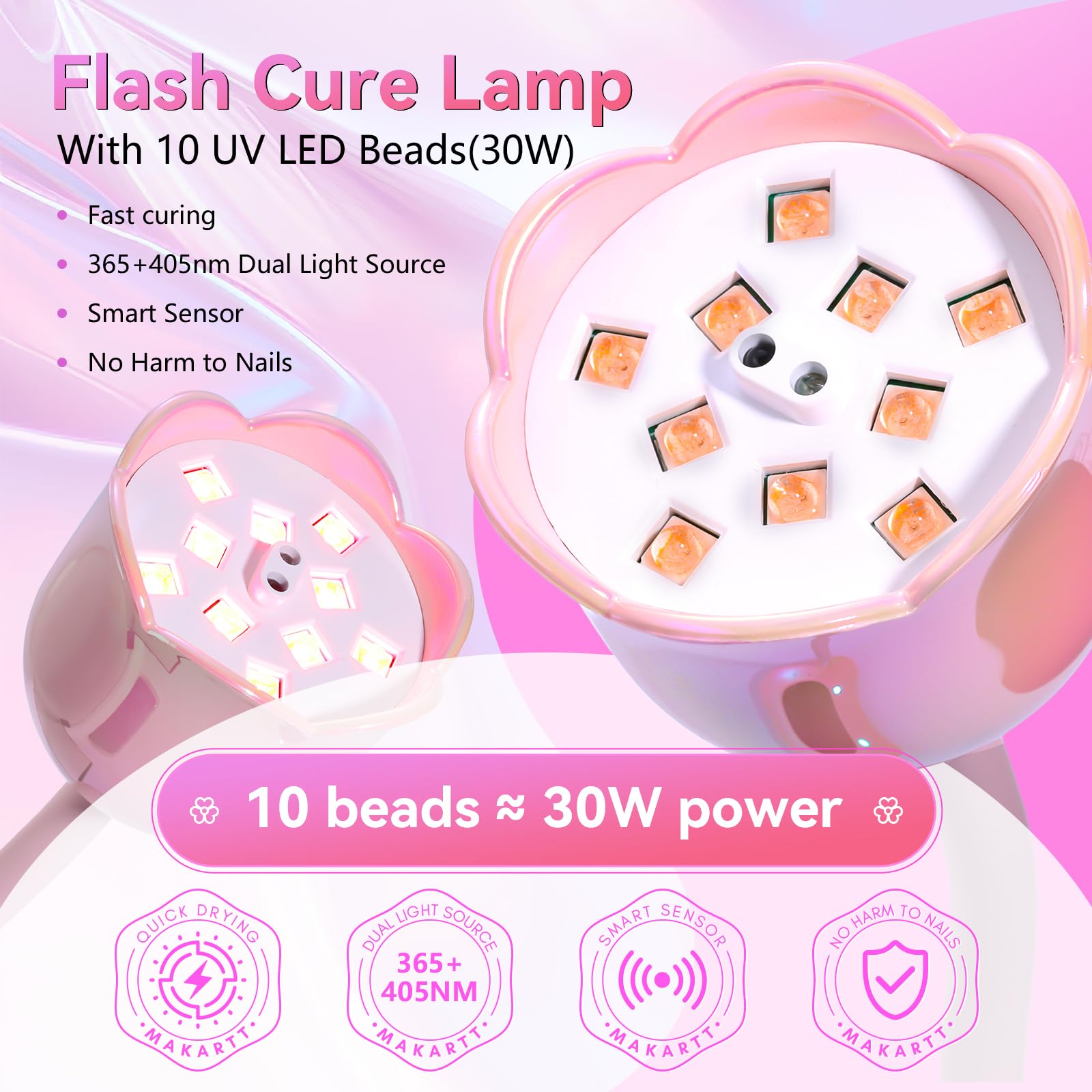 Makartt Cherie - Lámpara UV para uñas de gel, inalámbrico, USB, 30 W, con cuello de cisne, 4 temporizadores y sensor automático, secado rápido profesional para esmalte de uñas en gel