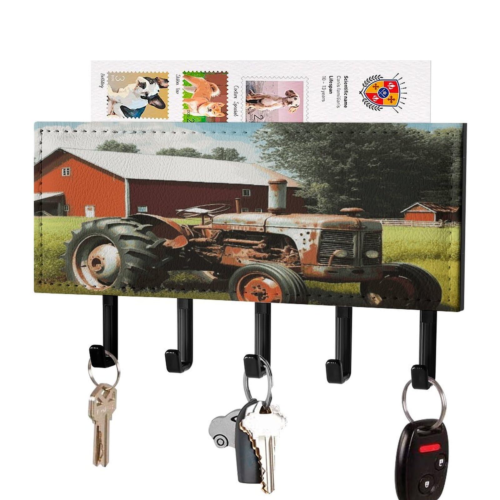 Fekiloot Black-Style Company Farm Tractor Key Holder Wall Mount Key And Mail Holder Key Hanger With 5 Hooks Decorative Pu Key Rack Hanging Key Hooks For Wall Living Room Kitchen Bathroom Hallway