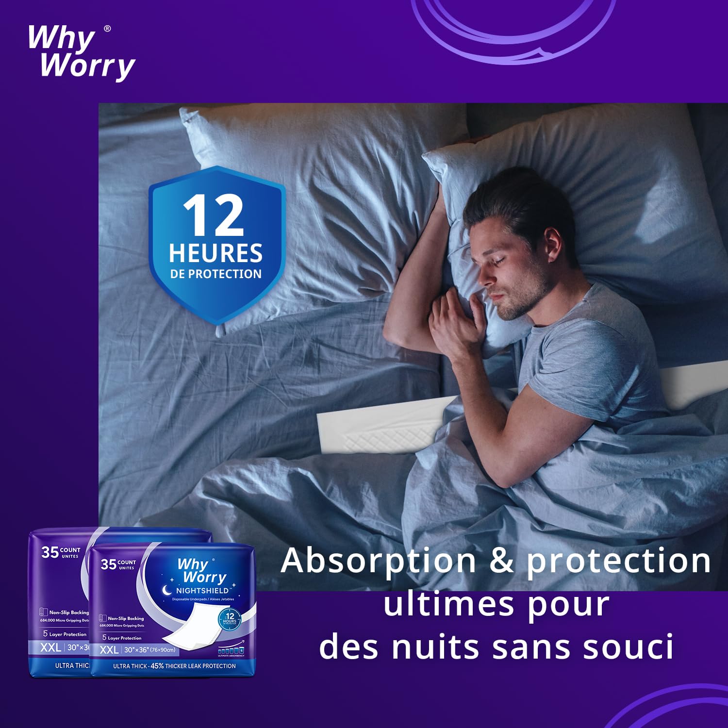 WhyWorry NightShield Alèses Jetables 76 x 90 cm Antidérapant, Matelas de Lit Protections pour Adultes Incontinence et Fuites Urinaires, Tapis Absorbant, Contrôle des Odeurs, 35 Unités