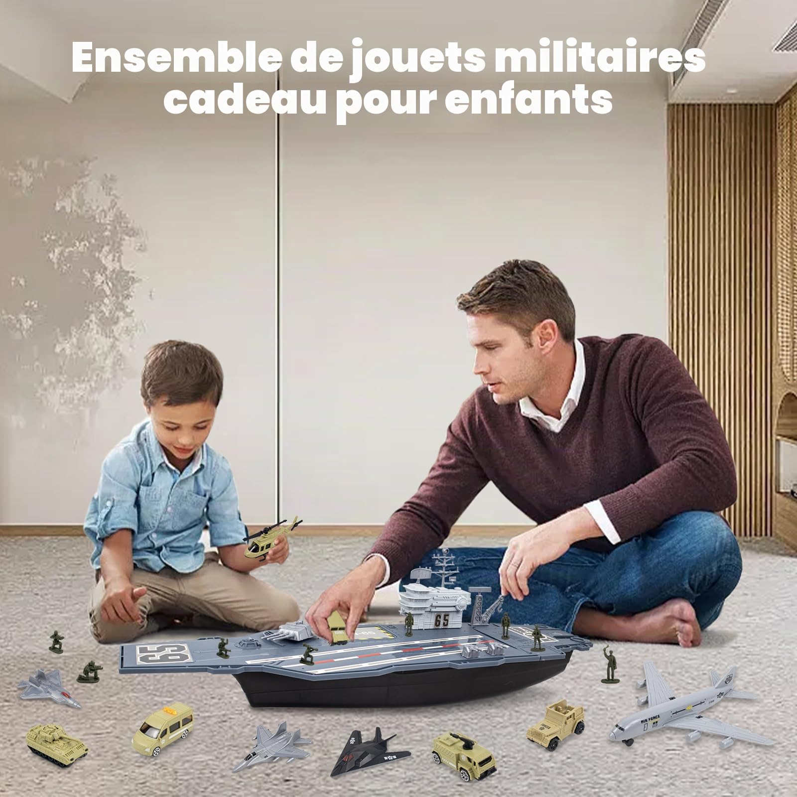 RedCrab Kit de jeu de porte-avions, modèle cuirassé militaire, jouet avec avion, hélicoptère, chars et figurines d'action pour les enfants à partir de 3 ans